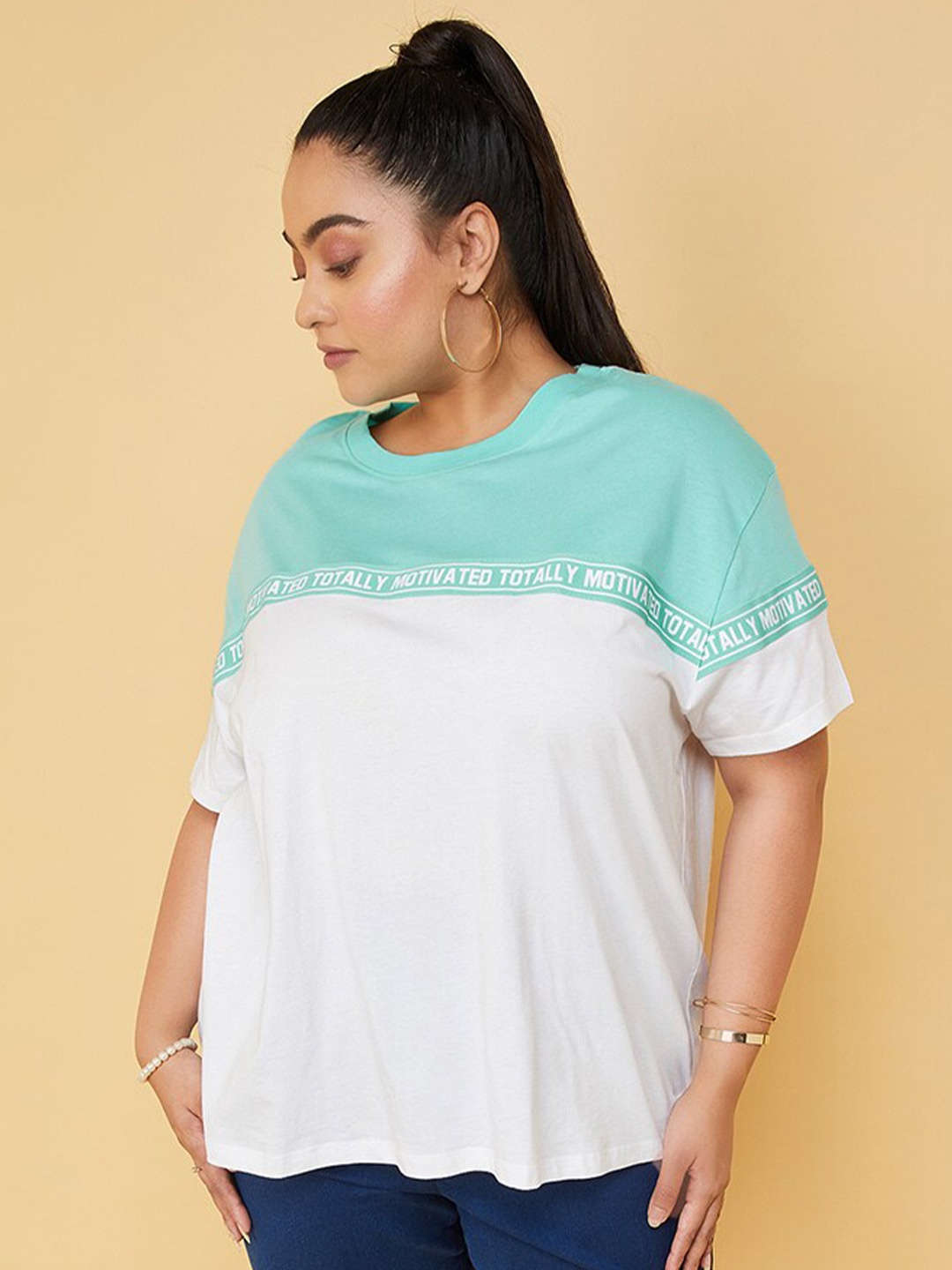 

max Plus Size Colourblocked Pure Cotton T-shirt, Green