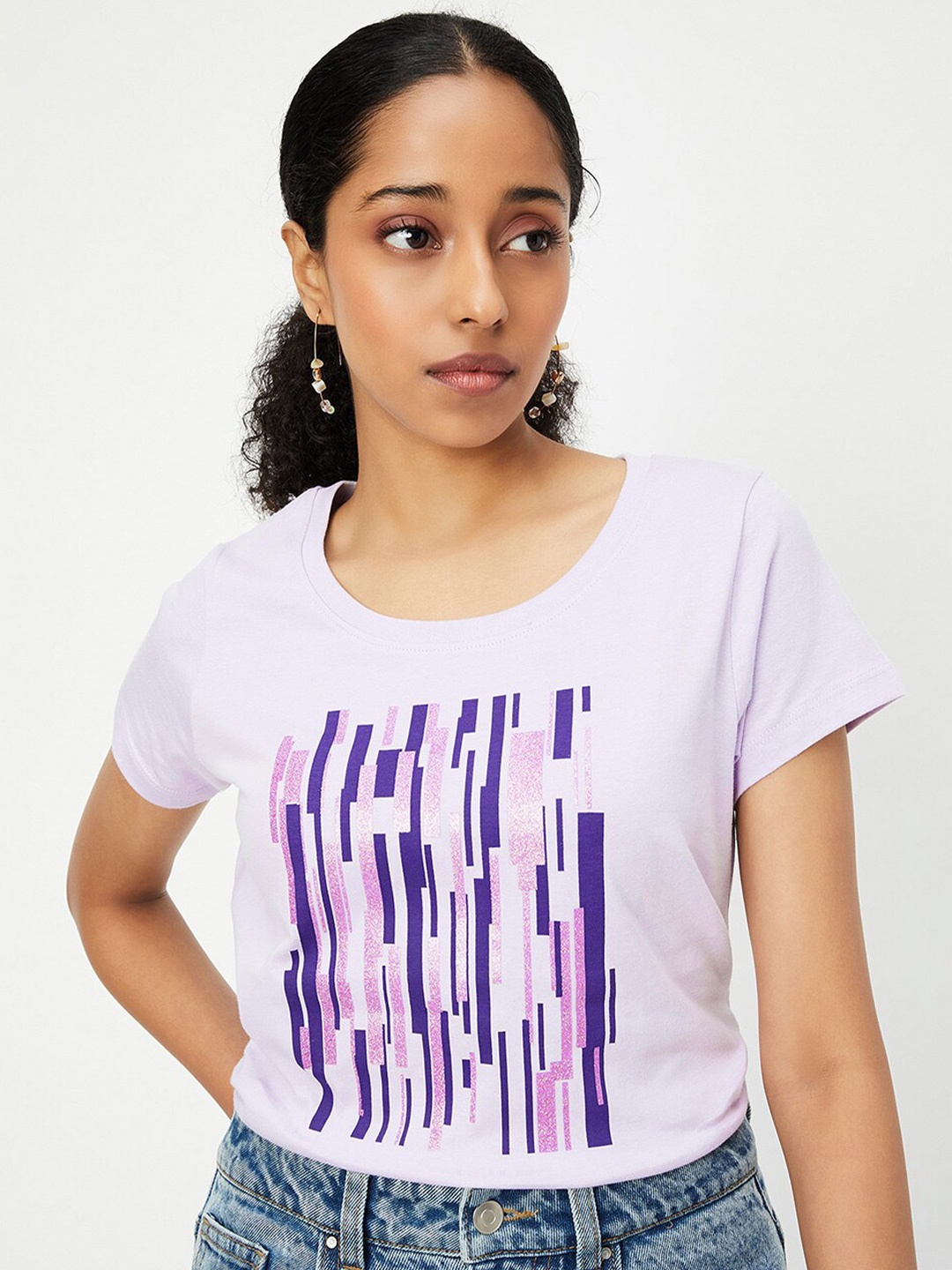 

max Graphic Printed Pure Cotton T-shirt, Purple