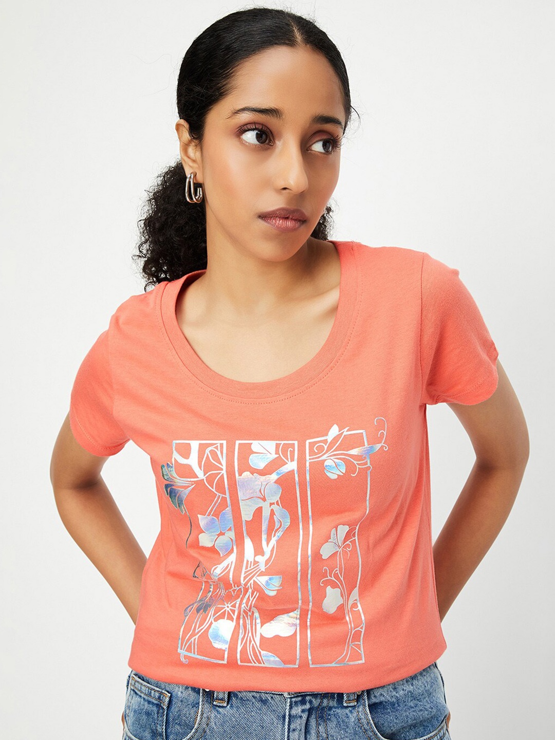 

max Floral Printed Pure Cotton T-shirt, Orange
