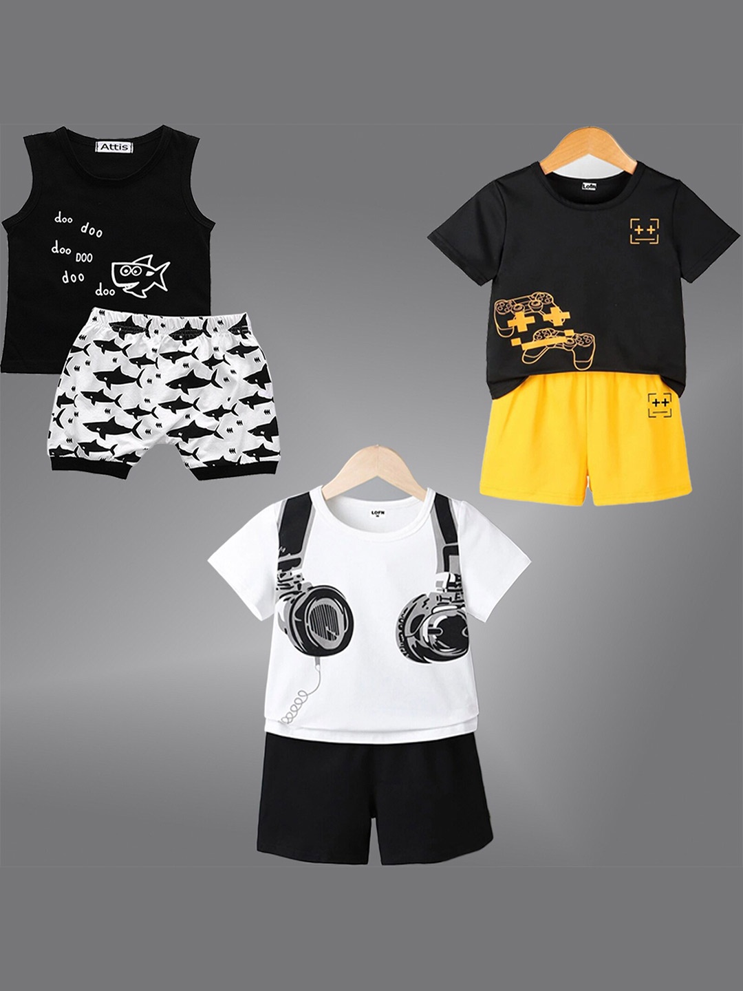

BAESD Kids Pack Of 3 Printed T-shirt with Shorts, Black
