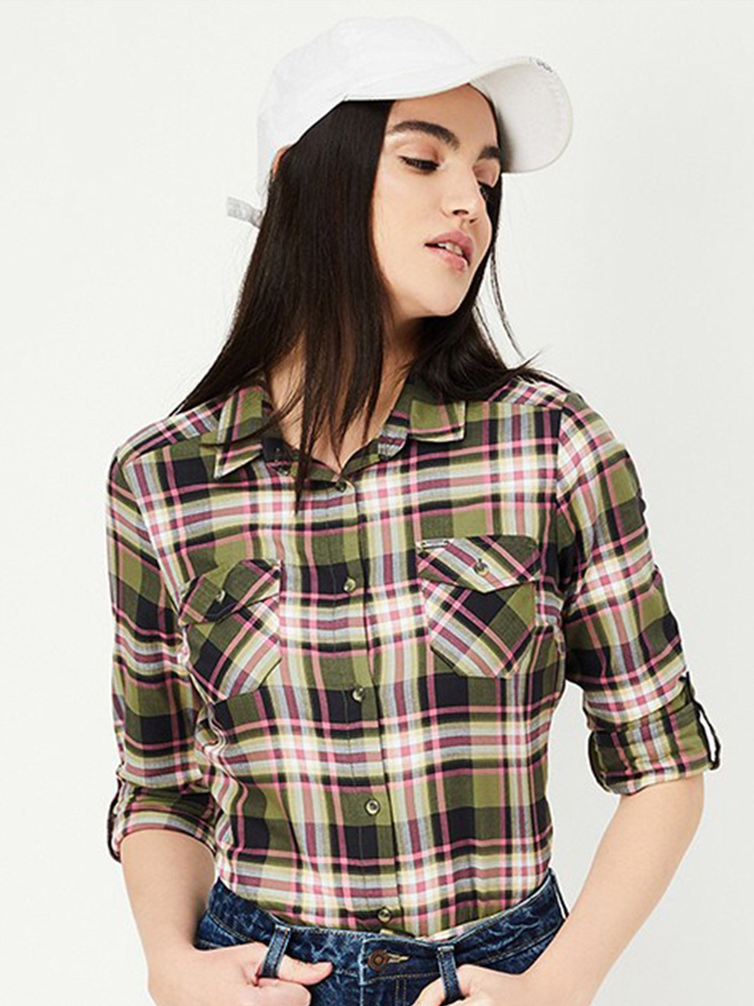 

max Tartan Checked Roll Up Sleeves Pure Cotton Casual Shirt, Olive