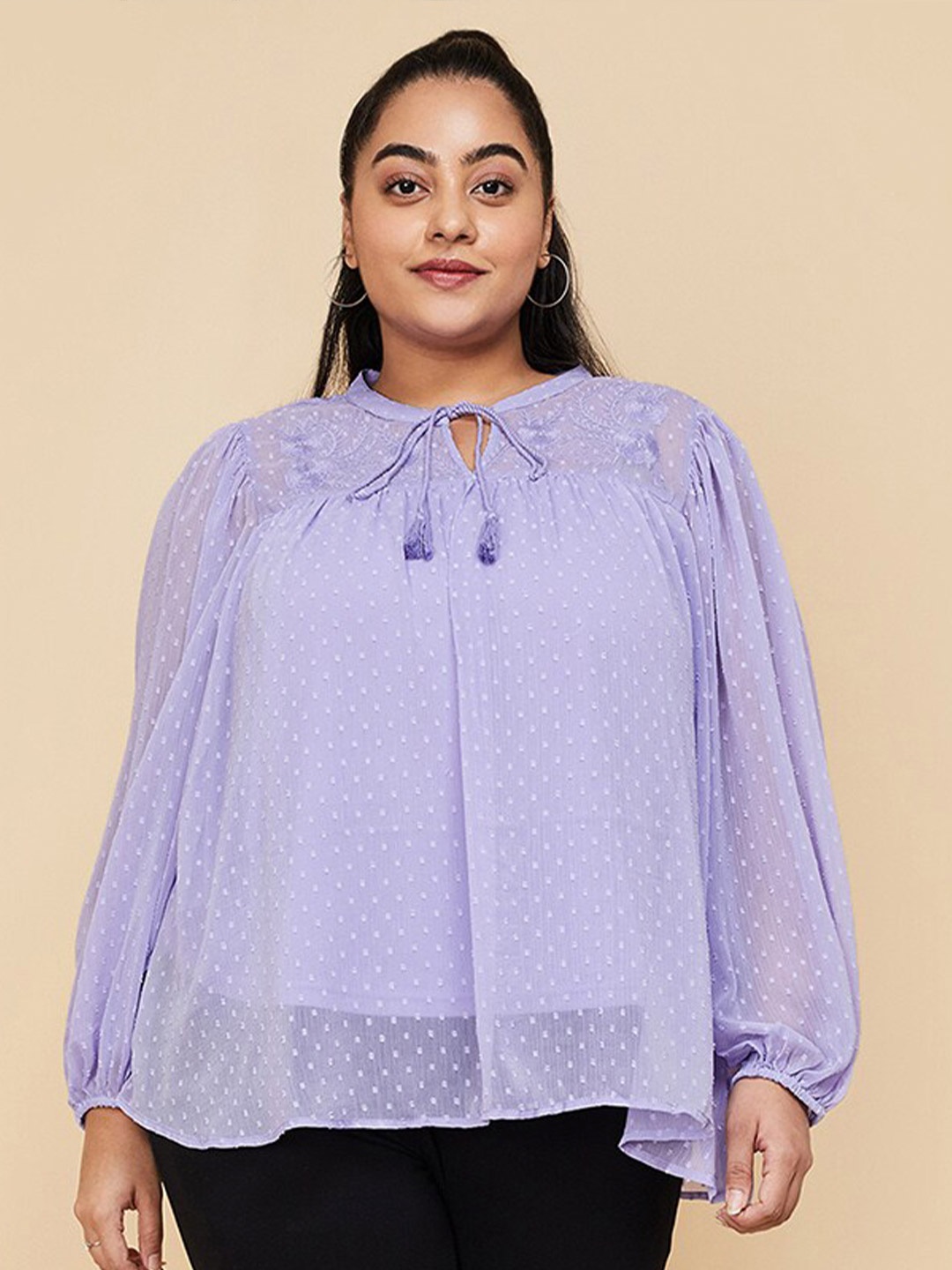 

max Plus Size Self Design Tie-Up Neck Cuffed Sleeves Top, Purple