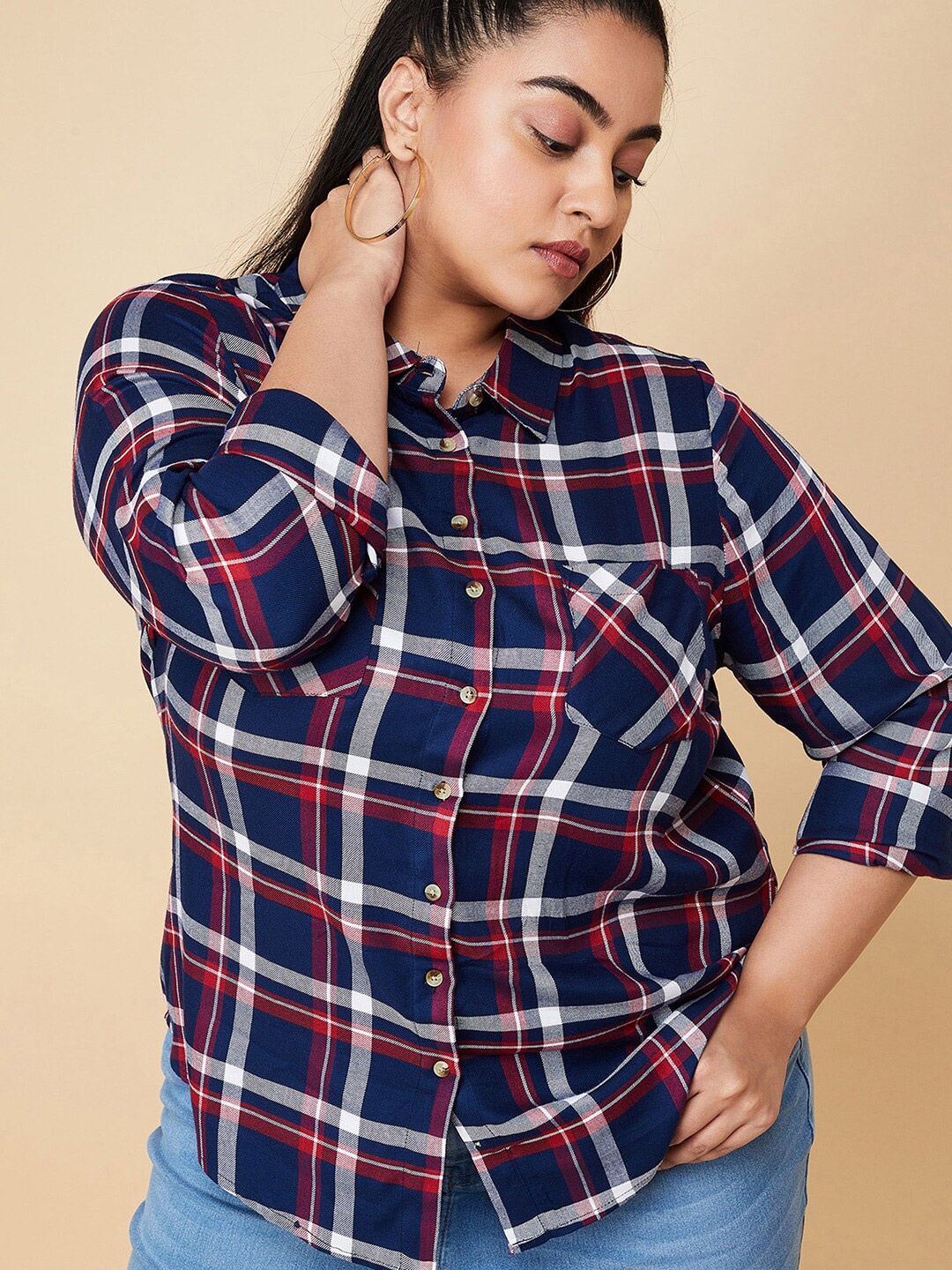 

max Plus Size Tartan Checks Spread Collar Long Sleeves Casual Shirt, Navy blue