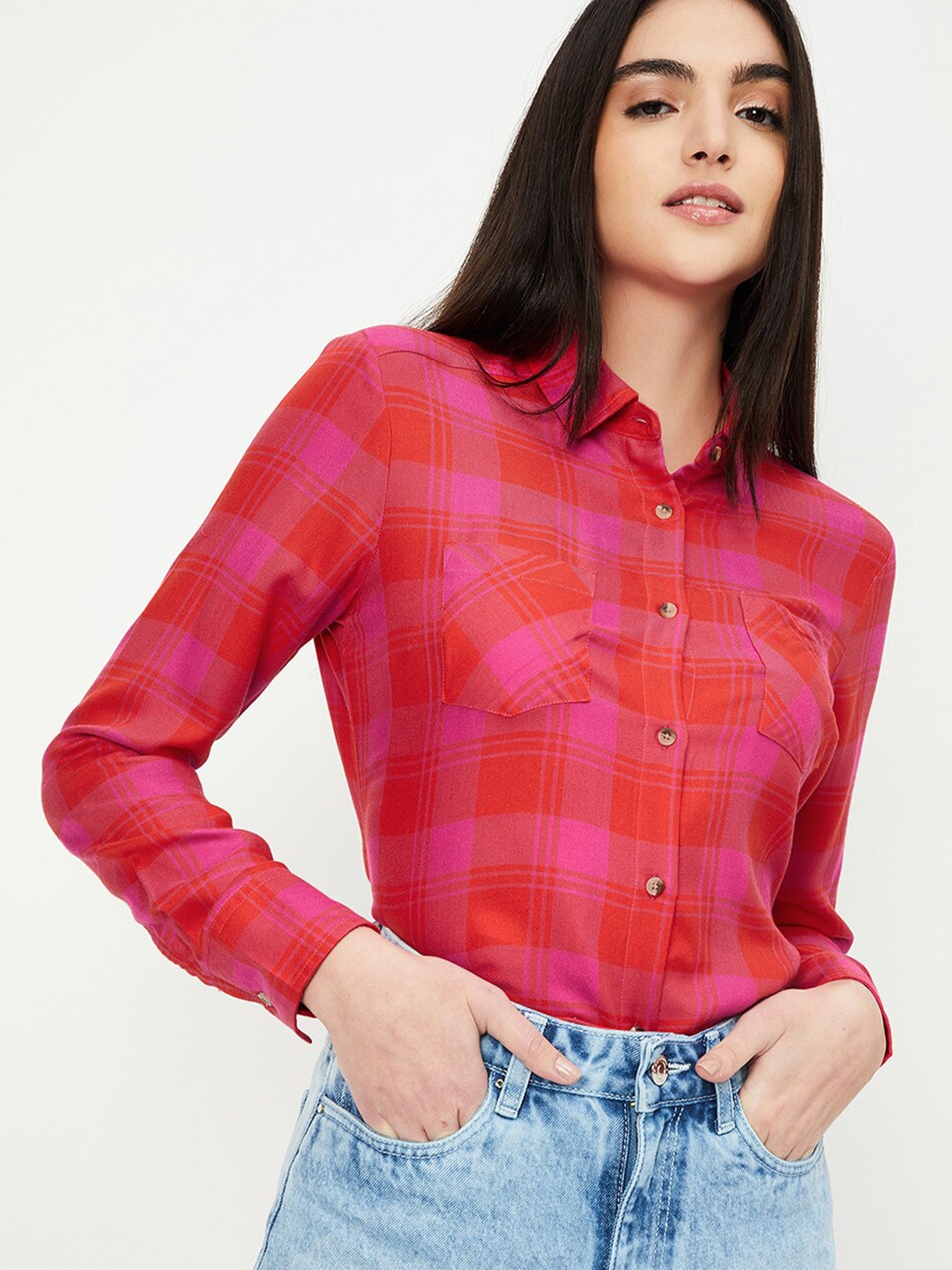 

max Checked Spread Collar Long Sleeves Casual Shirt, Fuchsia