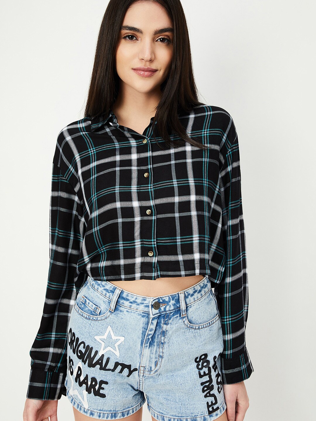 

max Tartan Checks Spread Collar Long Sleeves Crop Casual Shirt, Black