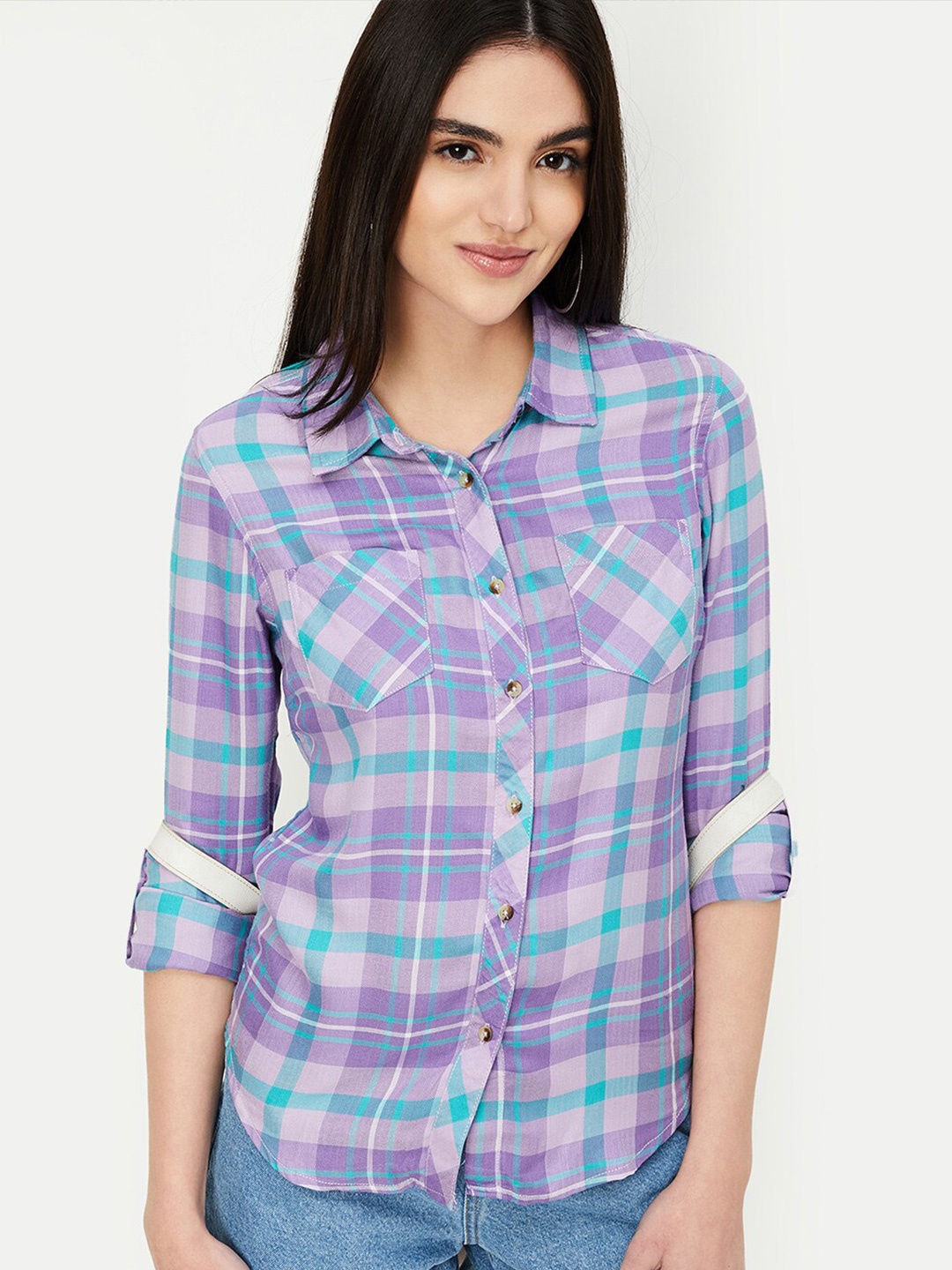 

max Tartan Checks Spread Collar Roll-Up Sleeves Pocket Casual Shirt, Purple