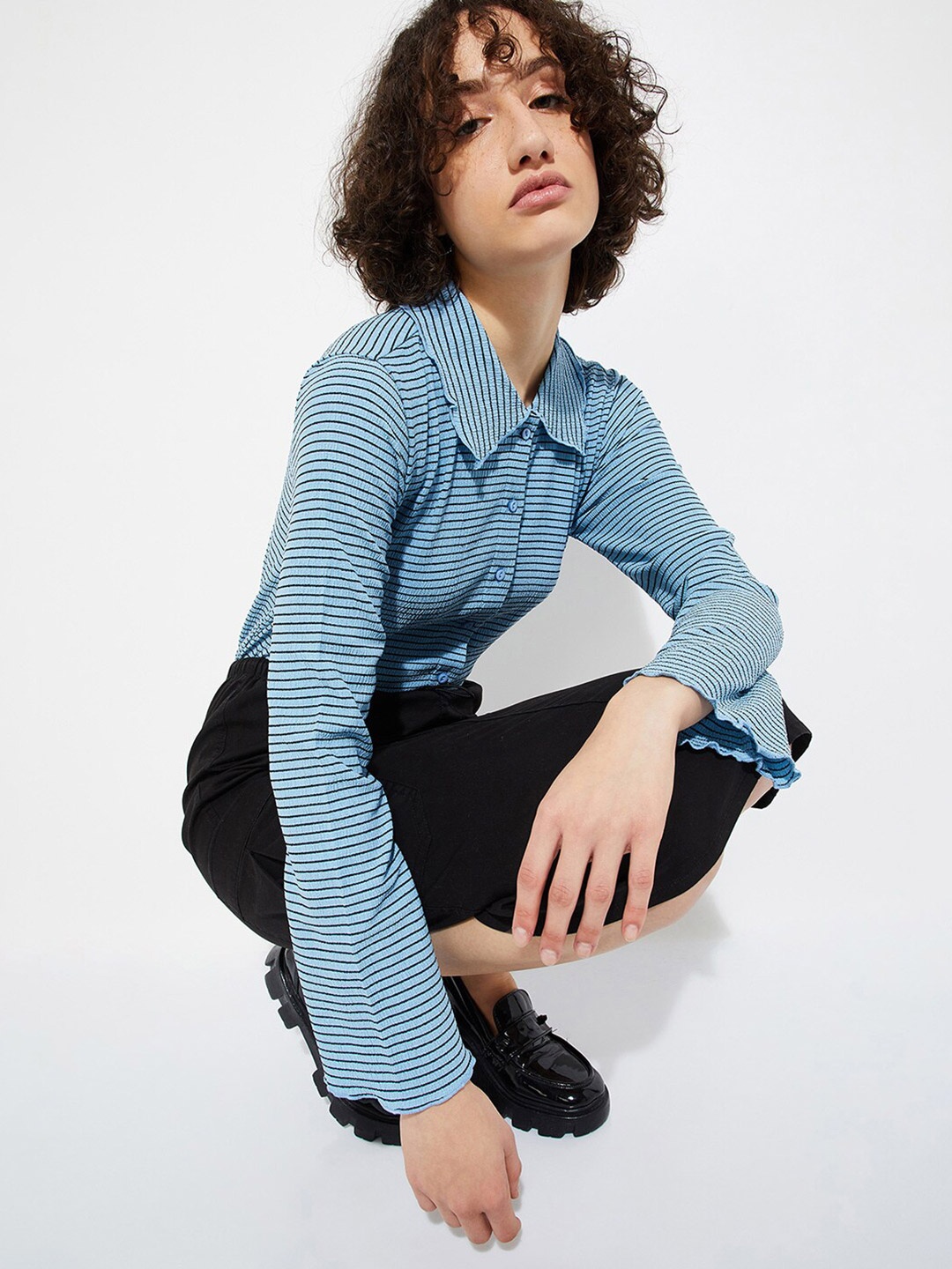 

max URB_N Horizontal Stripes Spread Collar Long Sleeves Casual Shirt, Blue