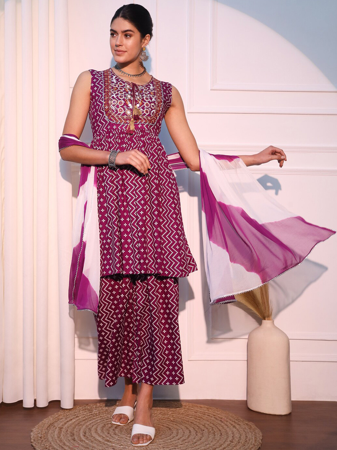 

KALINI Ethnic Motifs Printed Kurta With Sharara & Dupatta, Purple