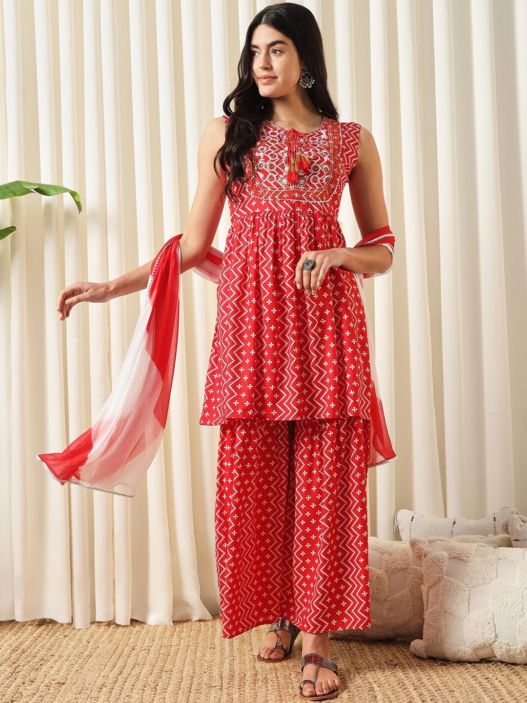 

KALINI Bandhani Printed Empire Thread Work Kurta With Palazzos & Dupatta, Red