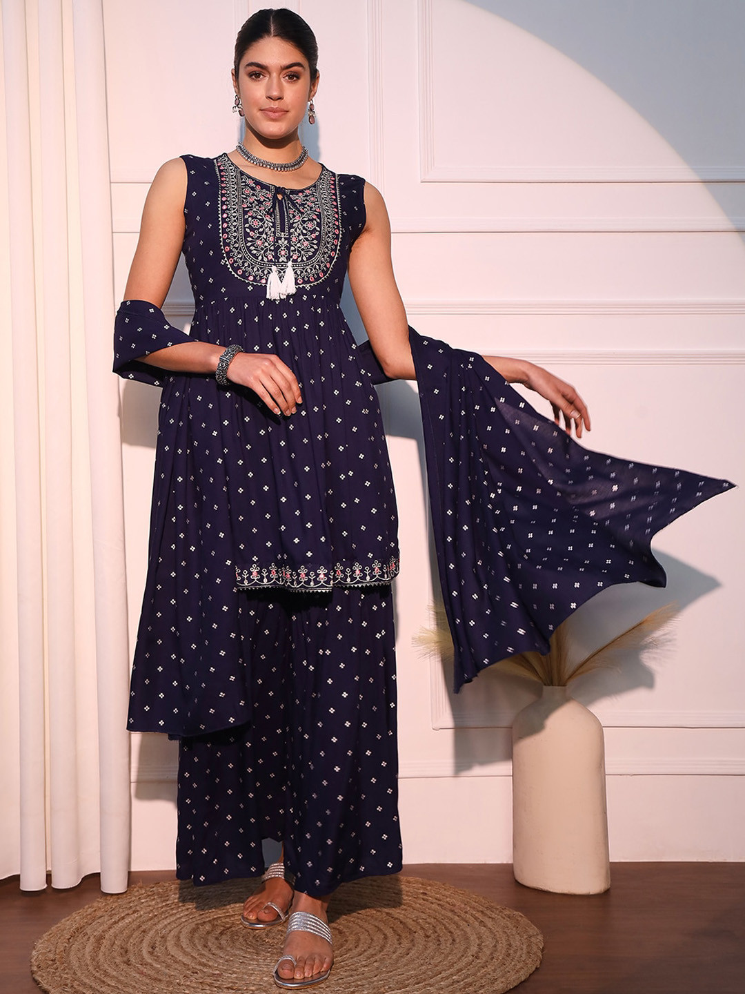 

KALINI Ethnic Motifs Printed Thread Work Tie Up Kurta With Sharara & Dupatta, Navy blue