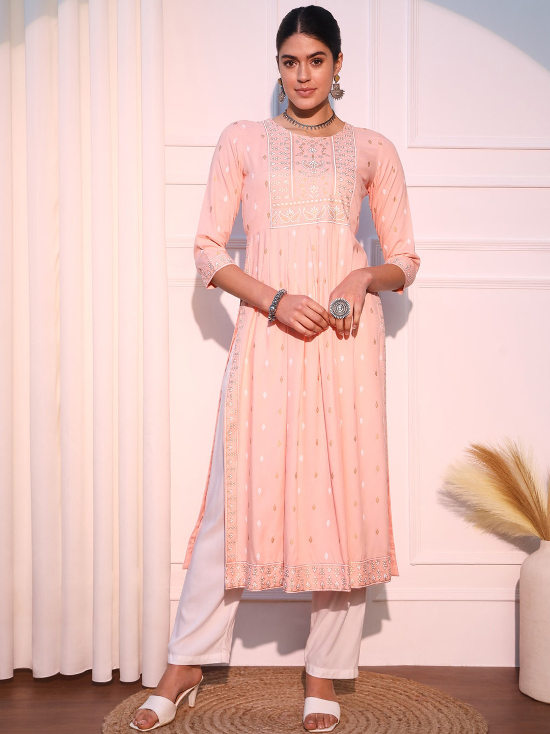 

KALINI Ethnic Motifs Printed Mirror Work A-Line Kurta, Cream