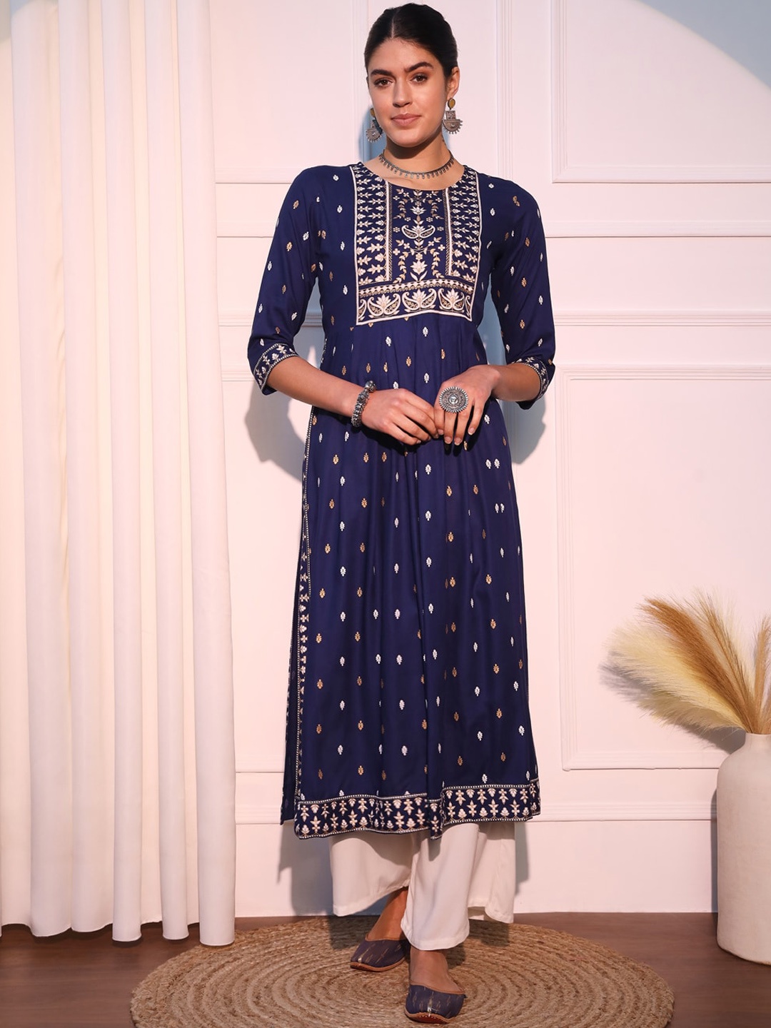 KALINI Ethnic Motifs Printed A-Line Kurta, Blue