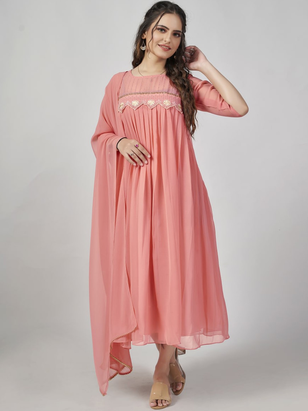 

ESTELA Ethnic Embroidered Pleated A-line Flared Ethnic Dress With Dupatta, Peach