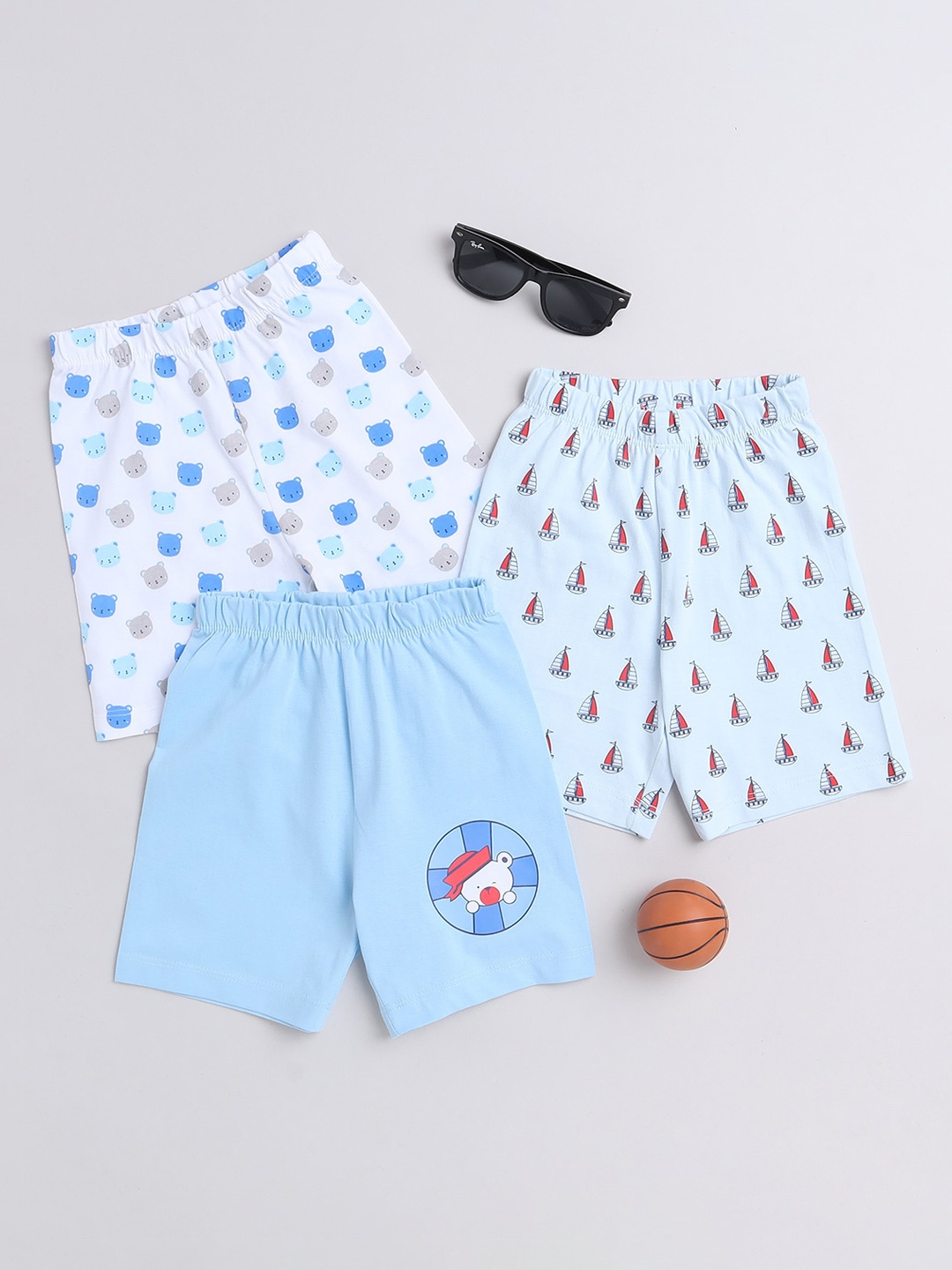 

BUMZEE Boys Pack Of 3 Mid-Rise Conversational Printed Cotton Shorts, Blue