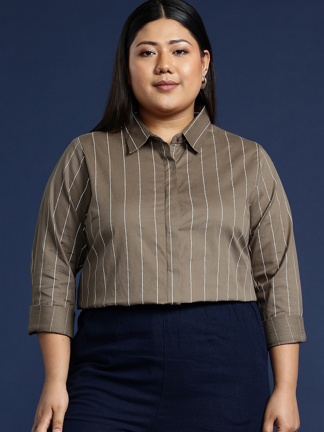 

Hancock Women Plus Size New Striped Pure Cotton Formal Shirt, Olive
