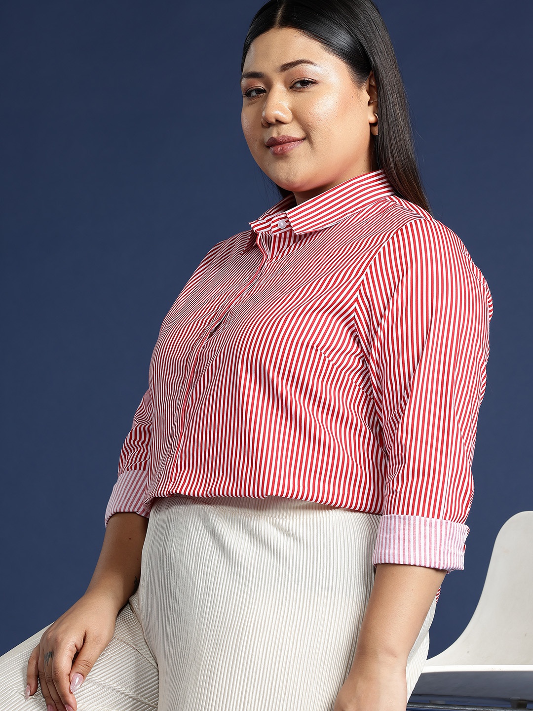 Hancock Women Plus Size Striped Formal Shirt, Red