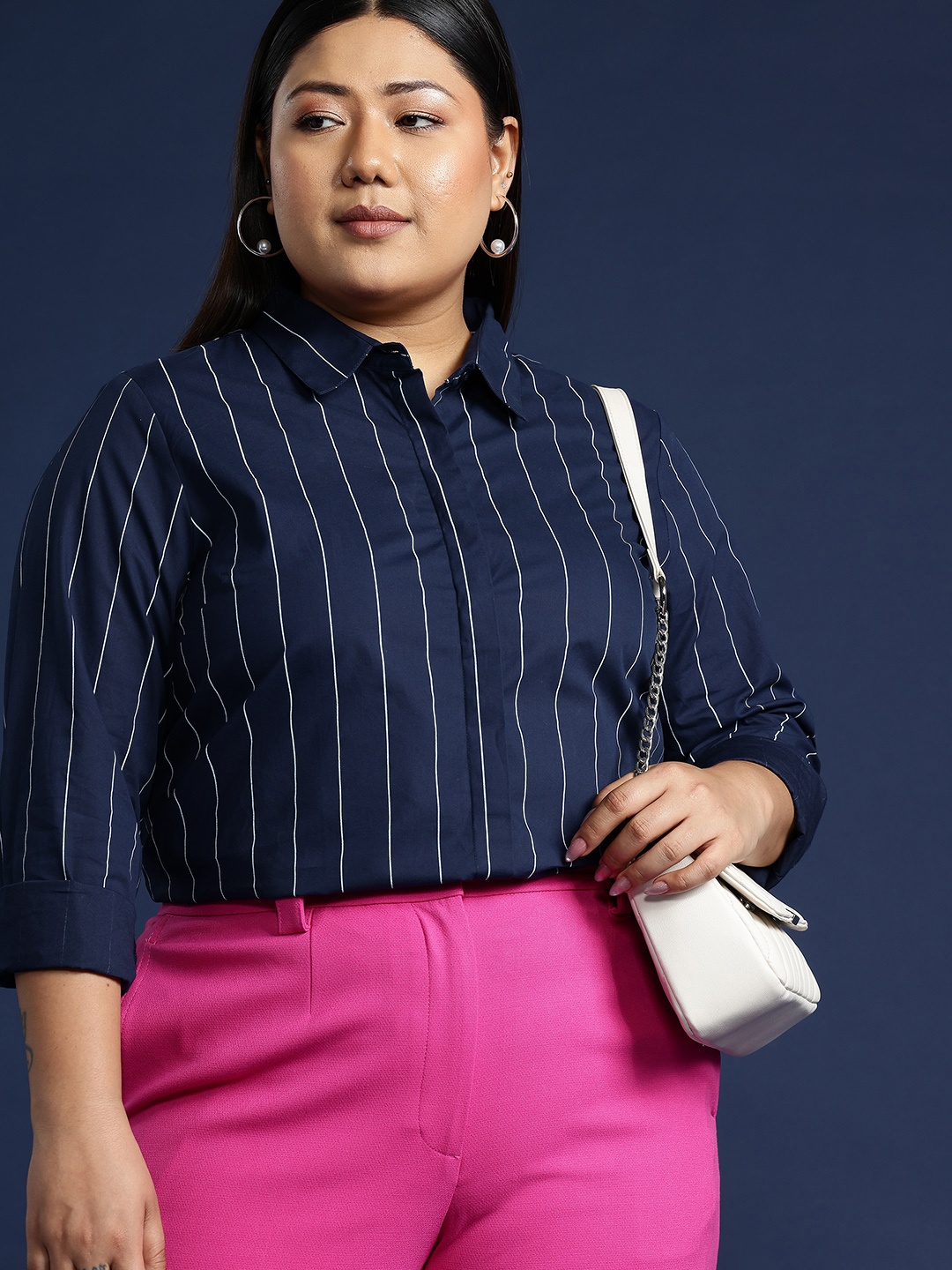 

Hancock Women Plus Size Striped Formal Shirt, Navy blue
