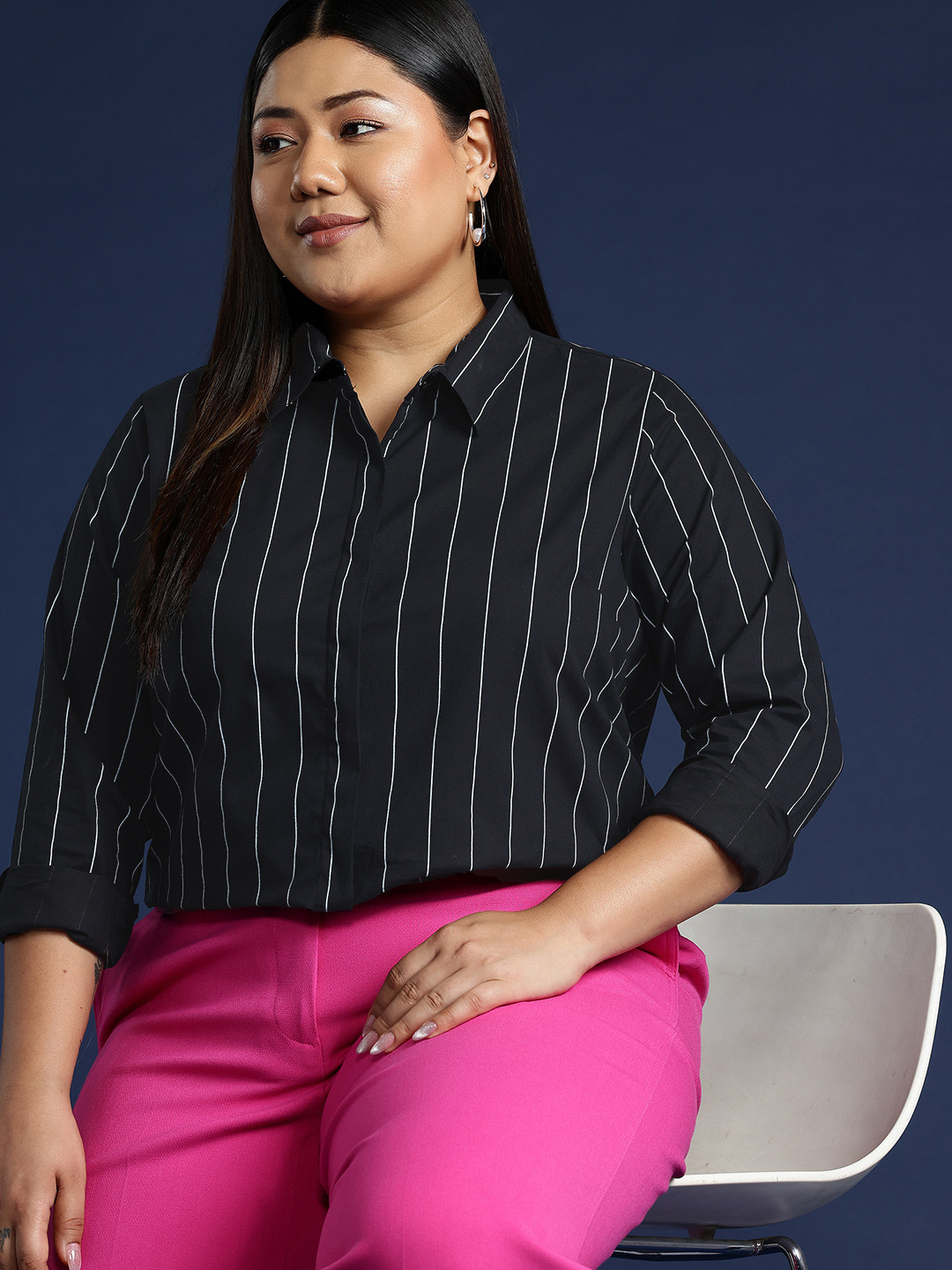 

Hancock Women Plus Size Striped Formal Shirt, Black