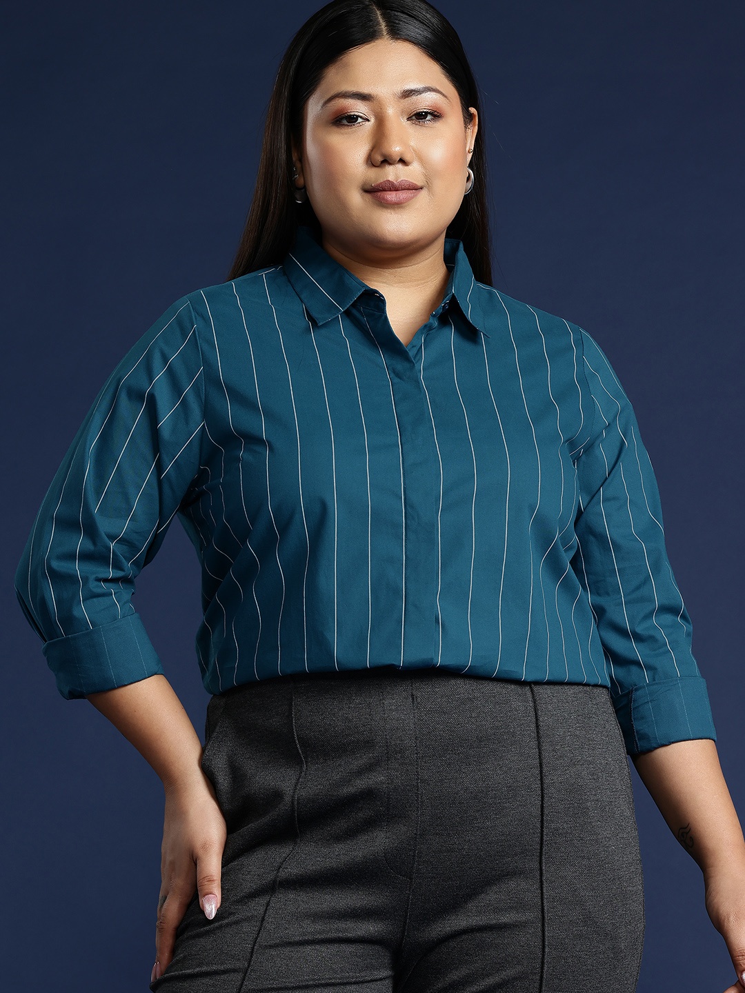 Hancock Women Plus Size Striped Formal Shirt, Turquoise blue