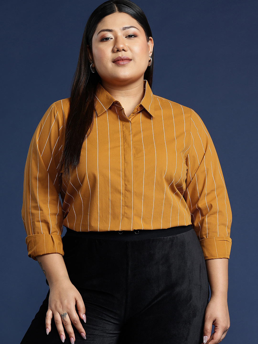 

Hancock Plus Size Striped Pure Cotton Formal Shirt, Mustard