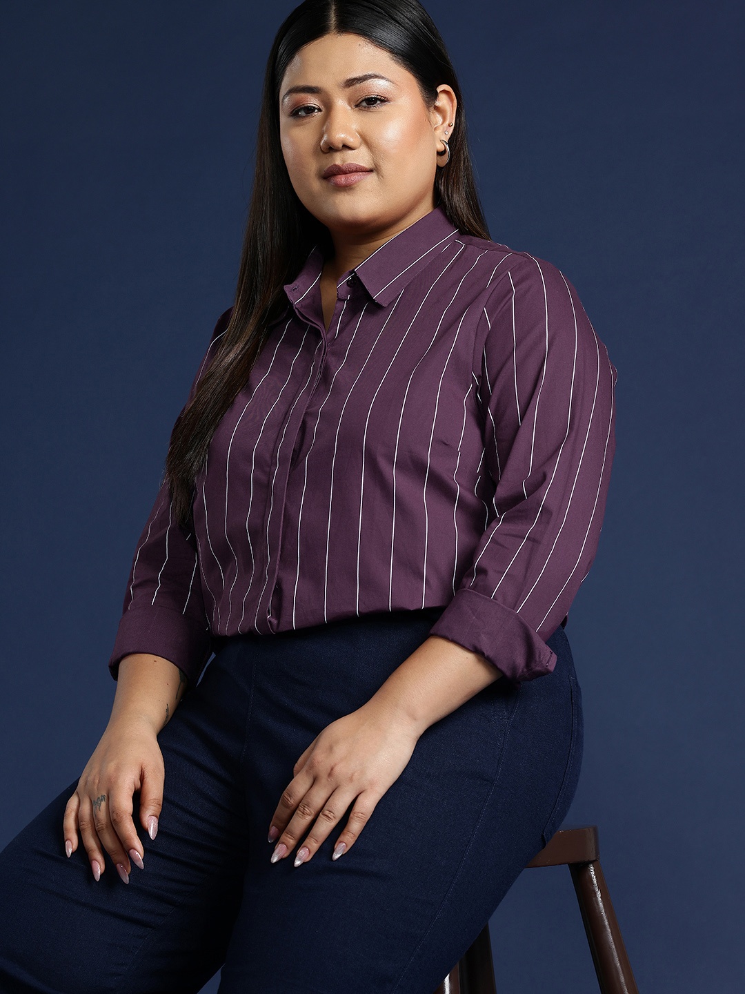 Hancock Women Plus Size Striped Cotton Formal Shirt, Purple