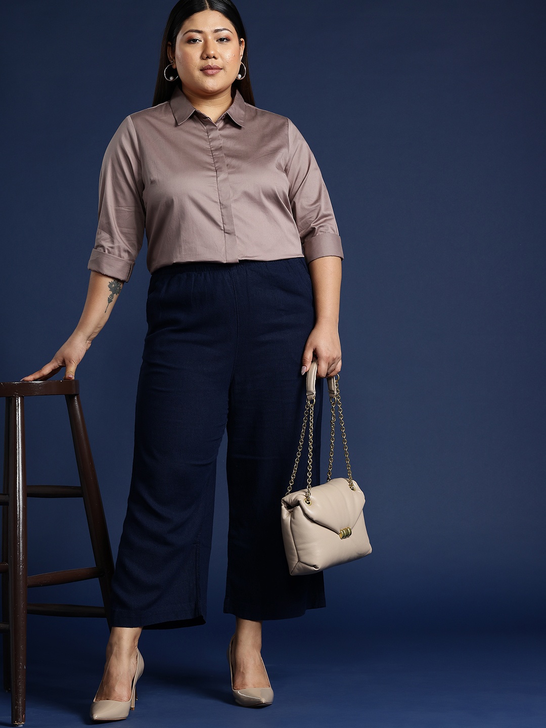 Hancock Women Plus Size Solid Cotton Satin Formal Shirt, Mauve
