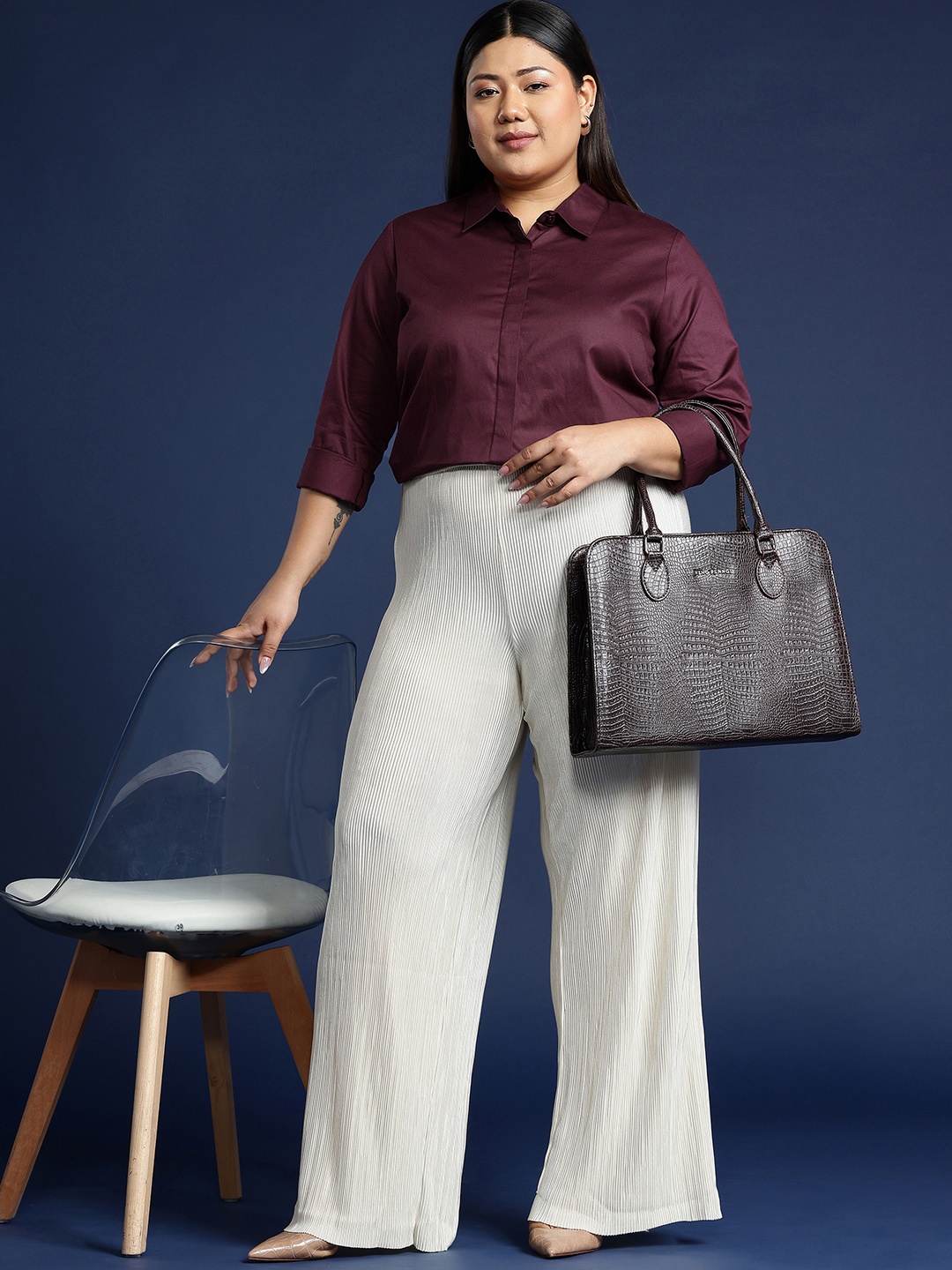 Hancock Women Plus Size Solid Cotton Formal Shirt, Burgundy