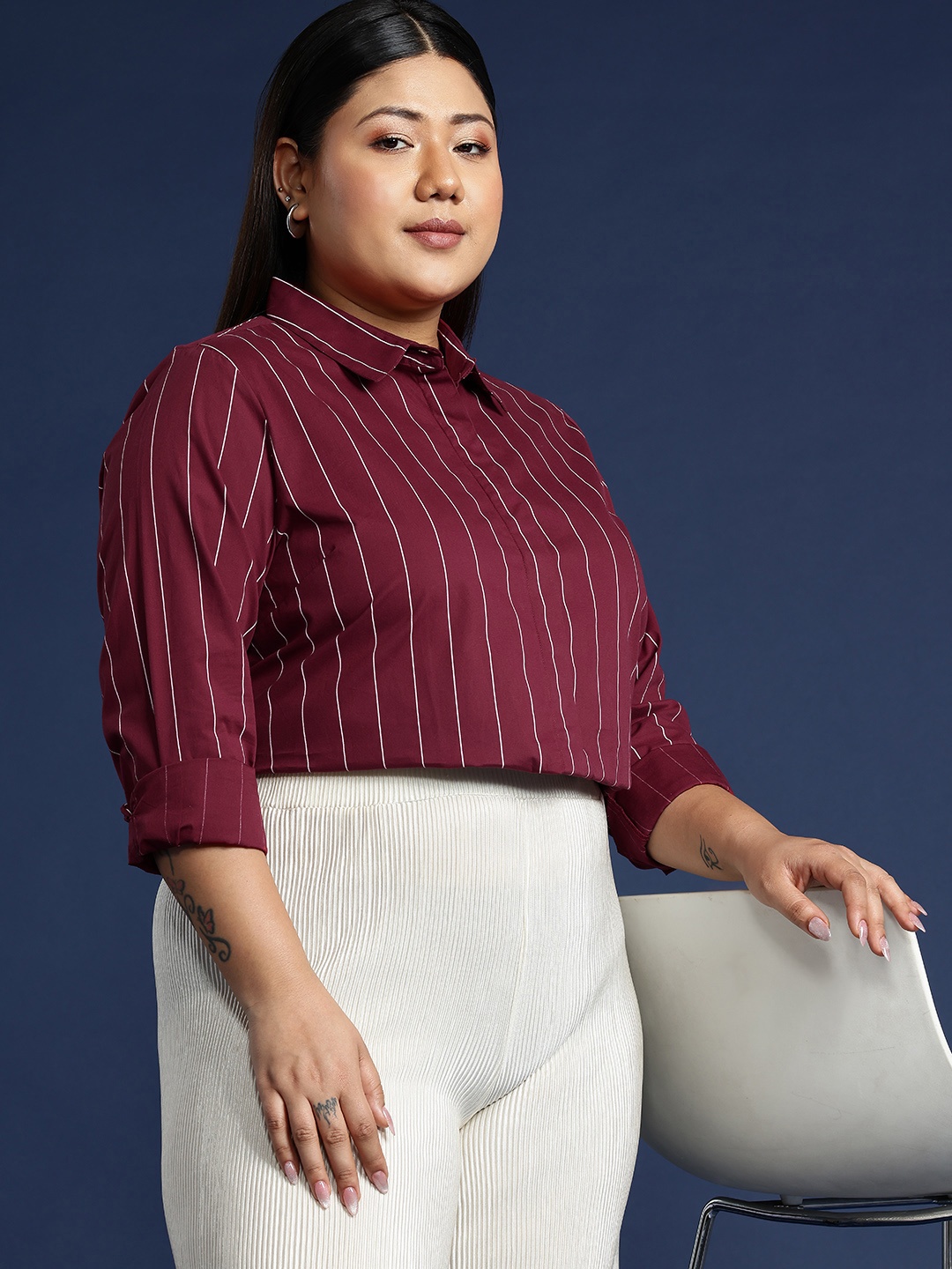 

Hancock Women Plus Size Striped Cotton Formal Shirt, Maroon