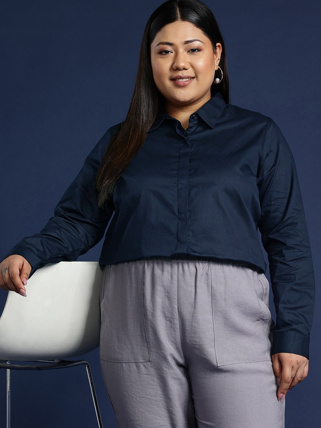 

Hancock Women Plus Size Solid Cotton Formal Shirt, Navy blue
