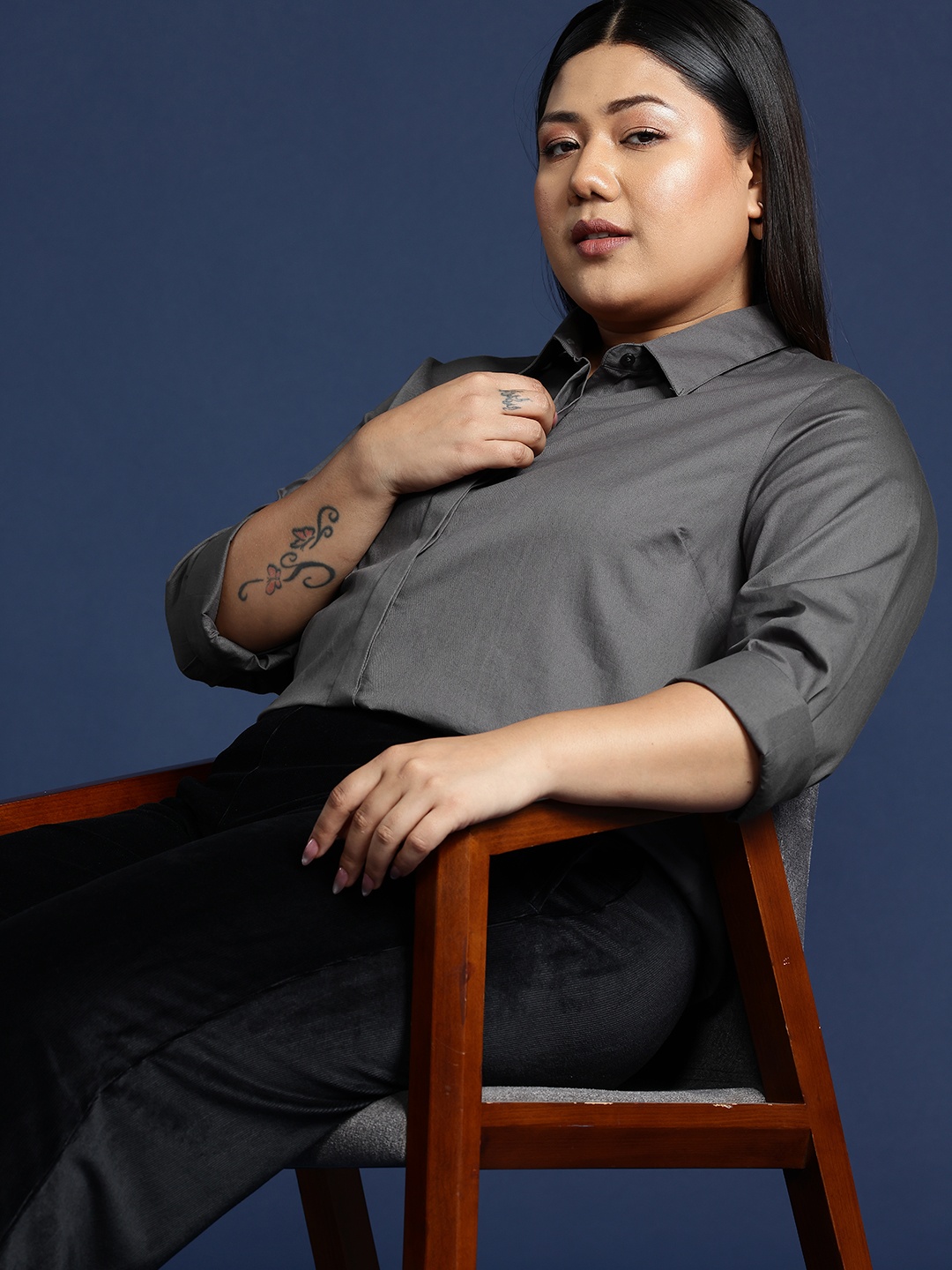 

Hancock Women Plus Size Solid Cotton Formal Shirt, Grey