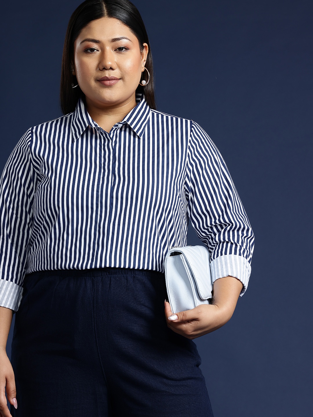 

Hancock Plus Size Striped Spread Collar Formal Shirt, Blue