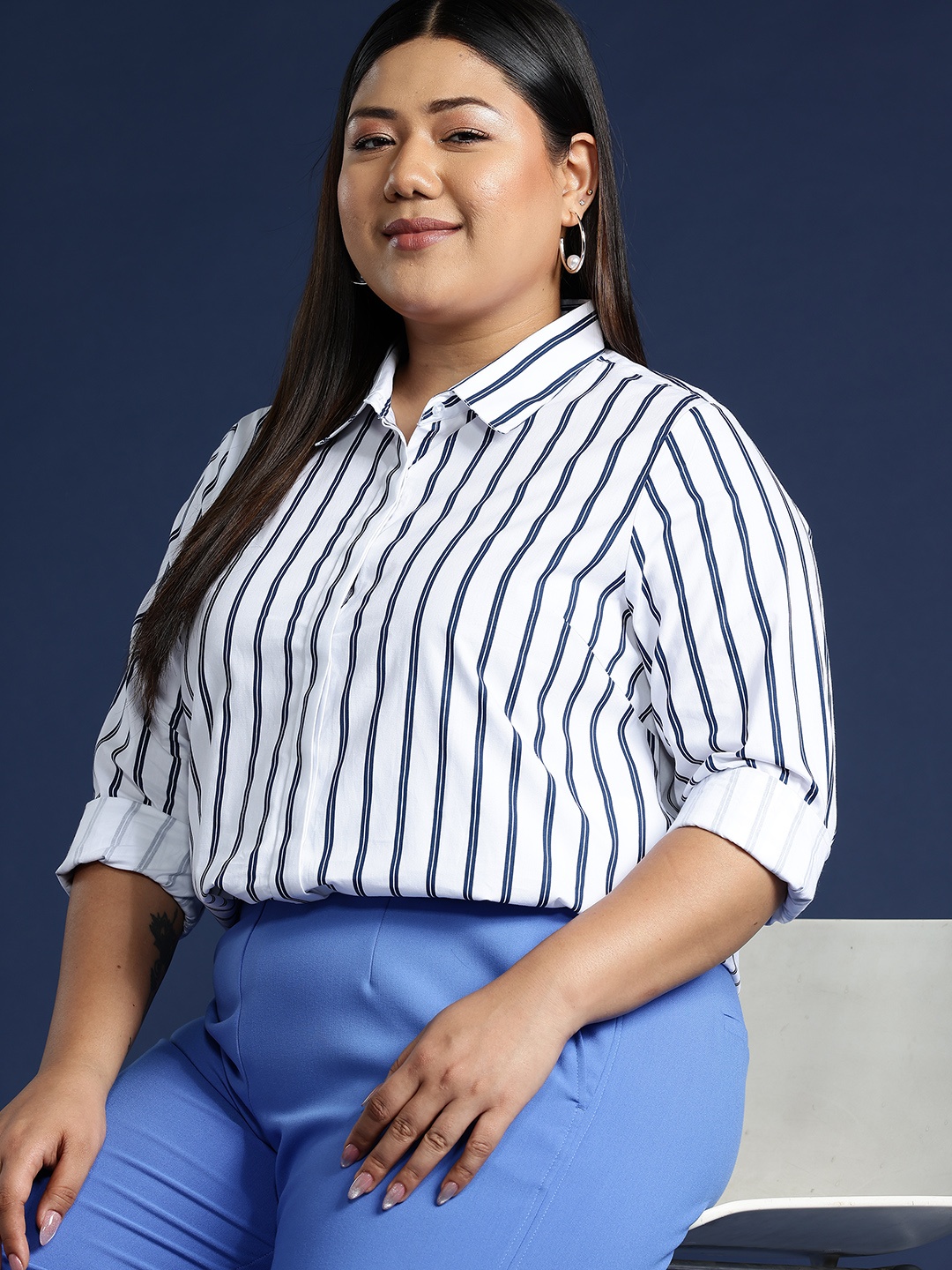 

Hancock Women Plus Size Striped Formal Shirt, White
