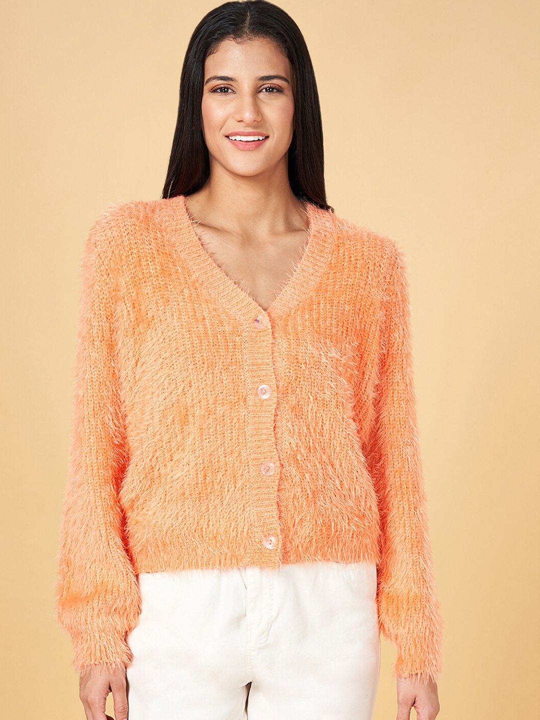 

Honey by Pantaloons V-Neck Cable Knit Cardigan, Peach