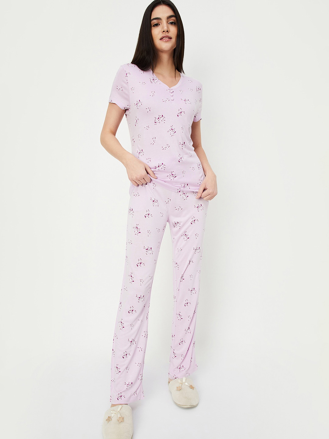 

max Floral Printed Night suit, Purple
