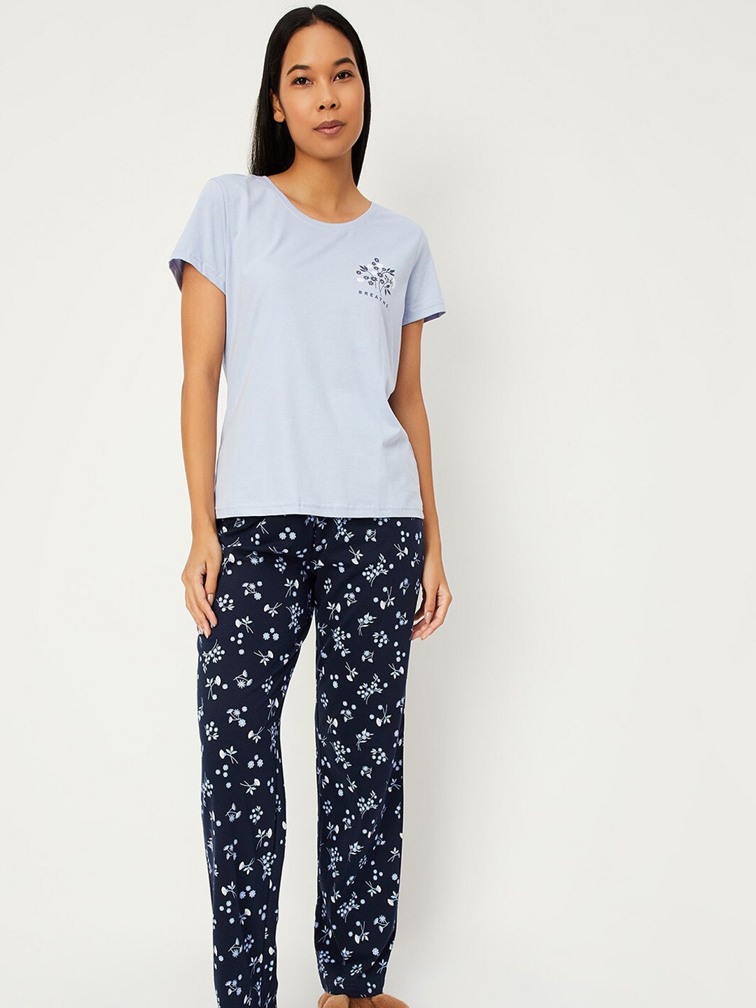 

max Floral Printed Pure Cotton Night suit, Blue
