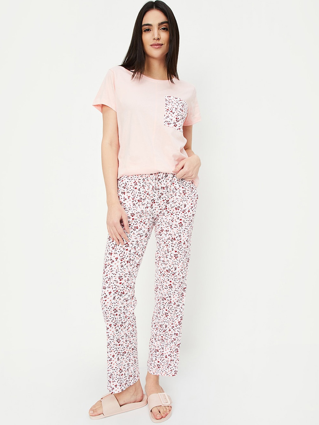 

max Floral Printed Pure Cotton Night suit, Pink