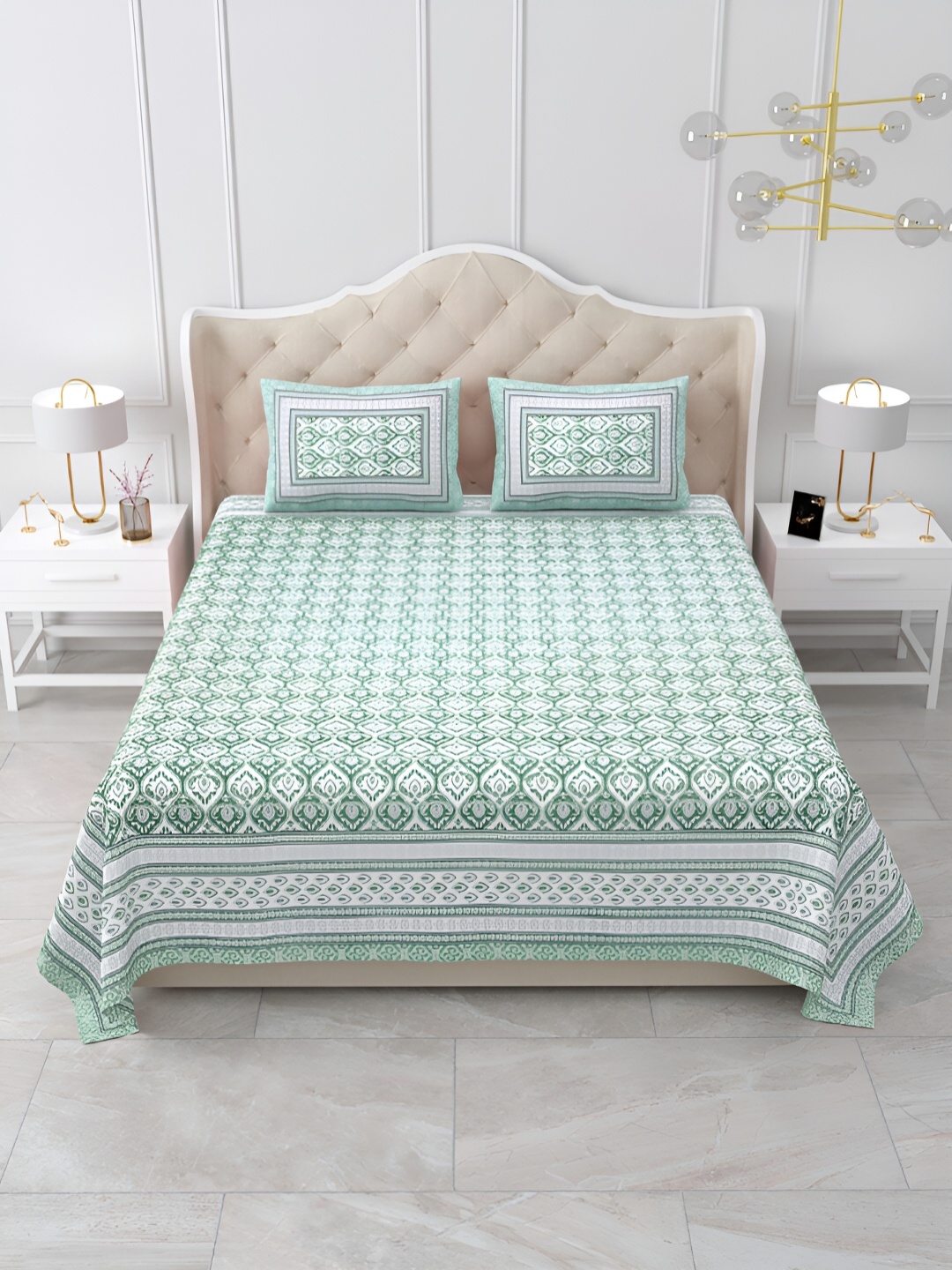 

DOLLIFI Green Floral Cotton 180 TC Queen Bedsheet with 2 Pillow Covers