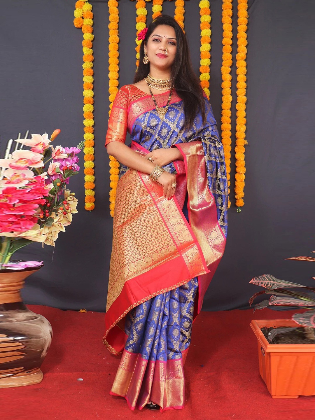 

SILKWEAR Ethnic Motifs Woven Design Zari Silk Cotton Banarasi Saree, Blue
