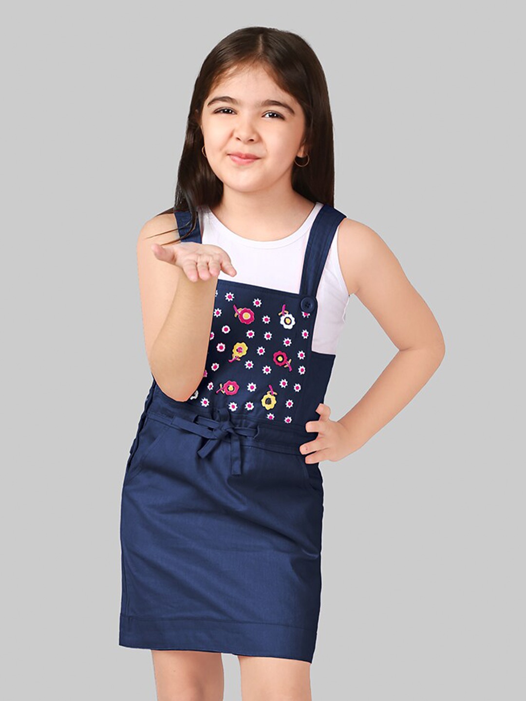 

Naughty Ninos Girls Floral Embroidered Pinafore Dress With T-Shirt, Navy blue