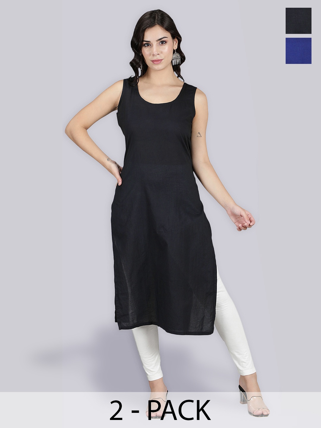 

Seva Chikan Pack of 2 Longline Cotton Slips, Black