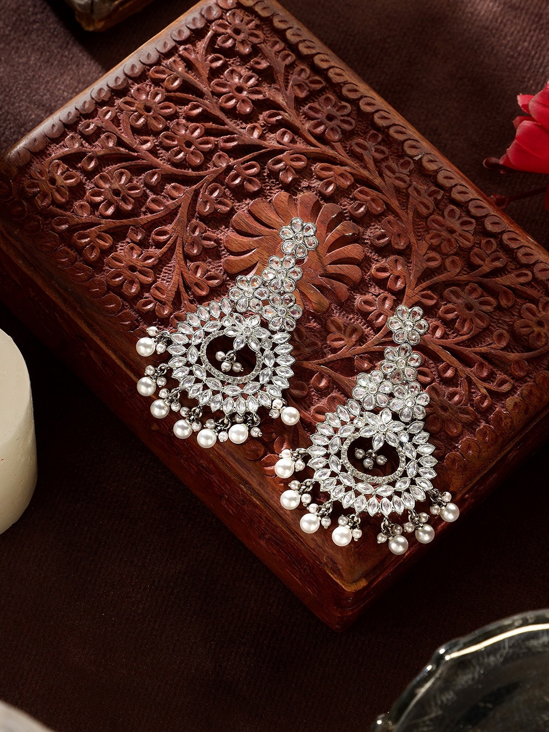 

AARSHVI Rhodium-Plated American Diamond Studded Contemporary Chandbalis, Silver