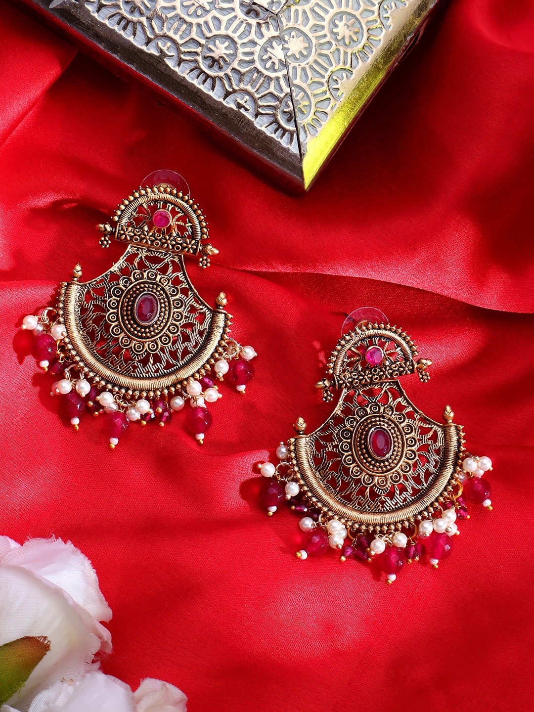

AARSHVI Gold-Plated Stone-Studded & Pearl Beaded Antique Contemporary Drop Earrings