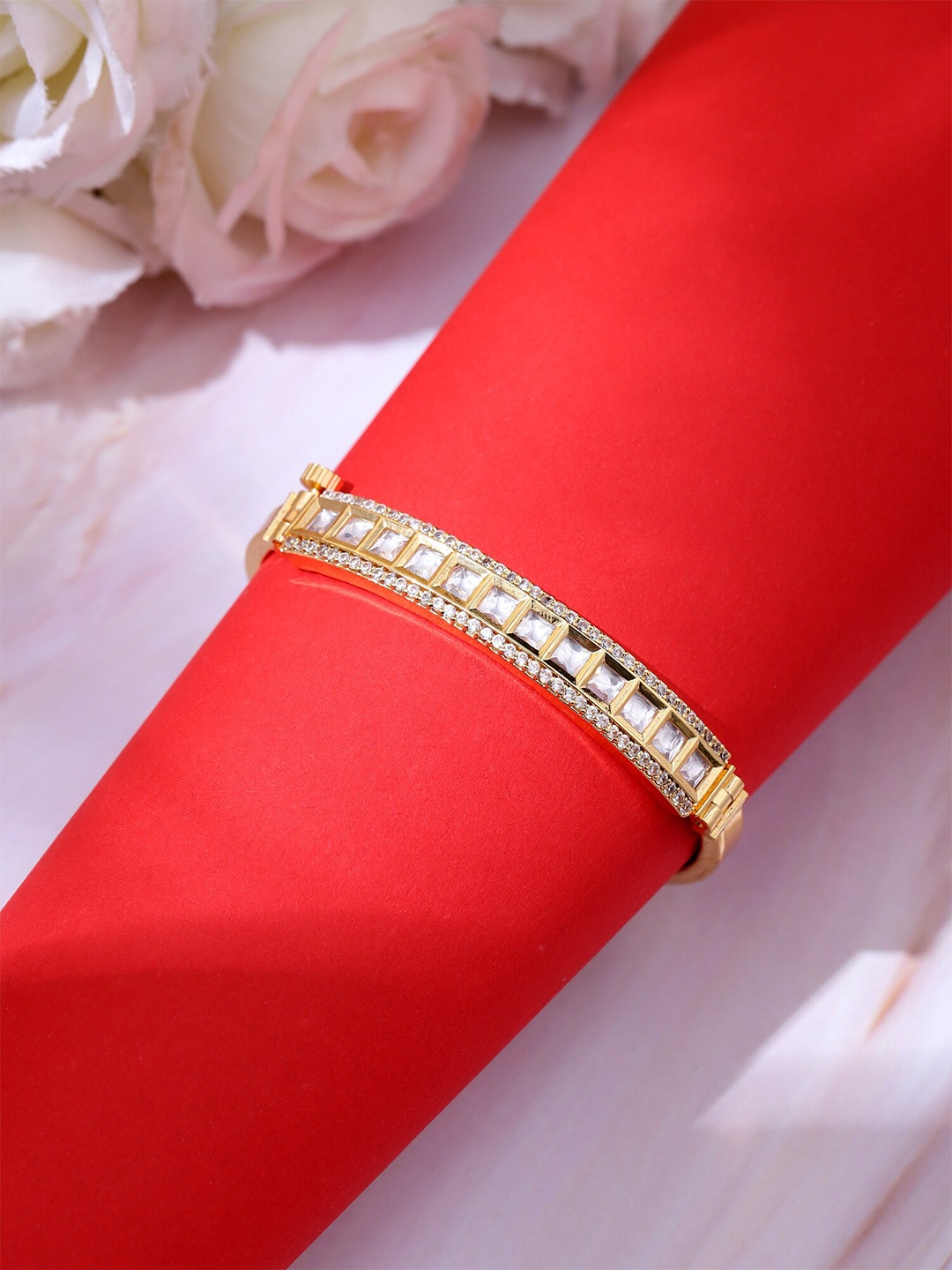 

AARSHVI Gold-Plated Brass Cubic Zirconia-Studded Bangle-Style Bracelet