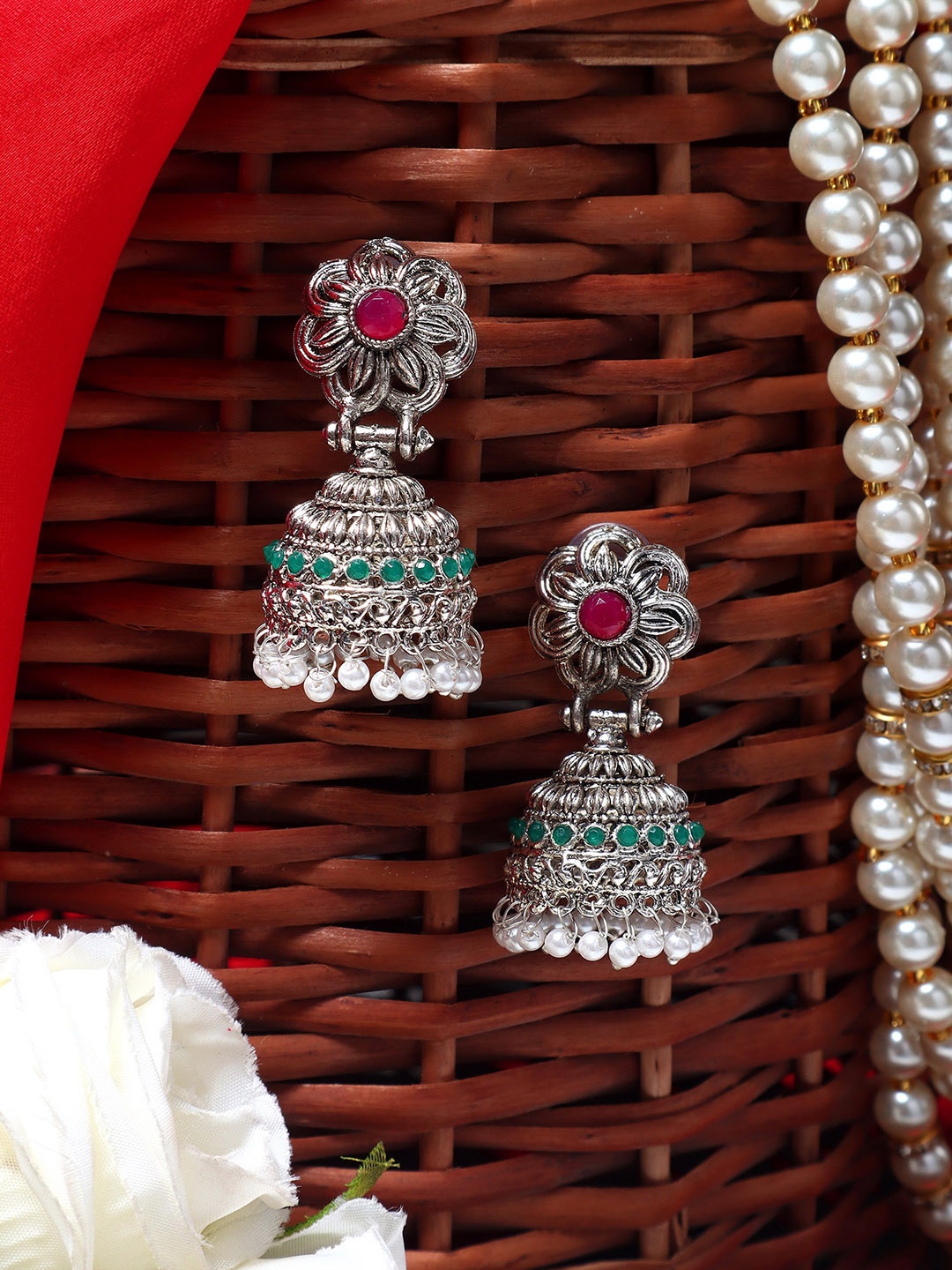 

AARSHVI Silver-Plated Oxidised Contemporary Jhumkas