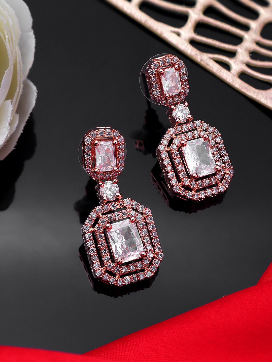 

AARSHVI Rose Gold-Plated Stone Studded Contemporary Drop Earrings