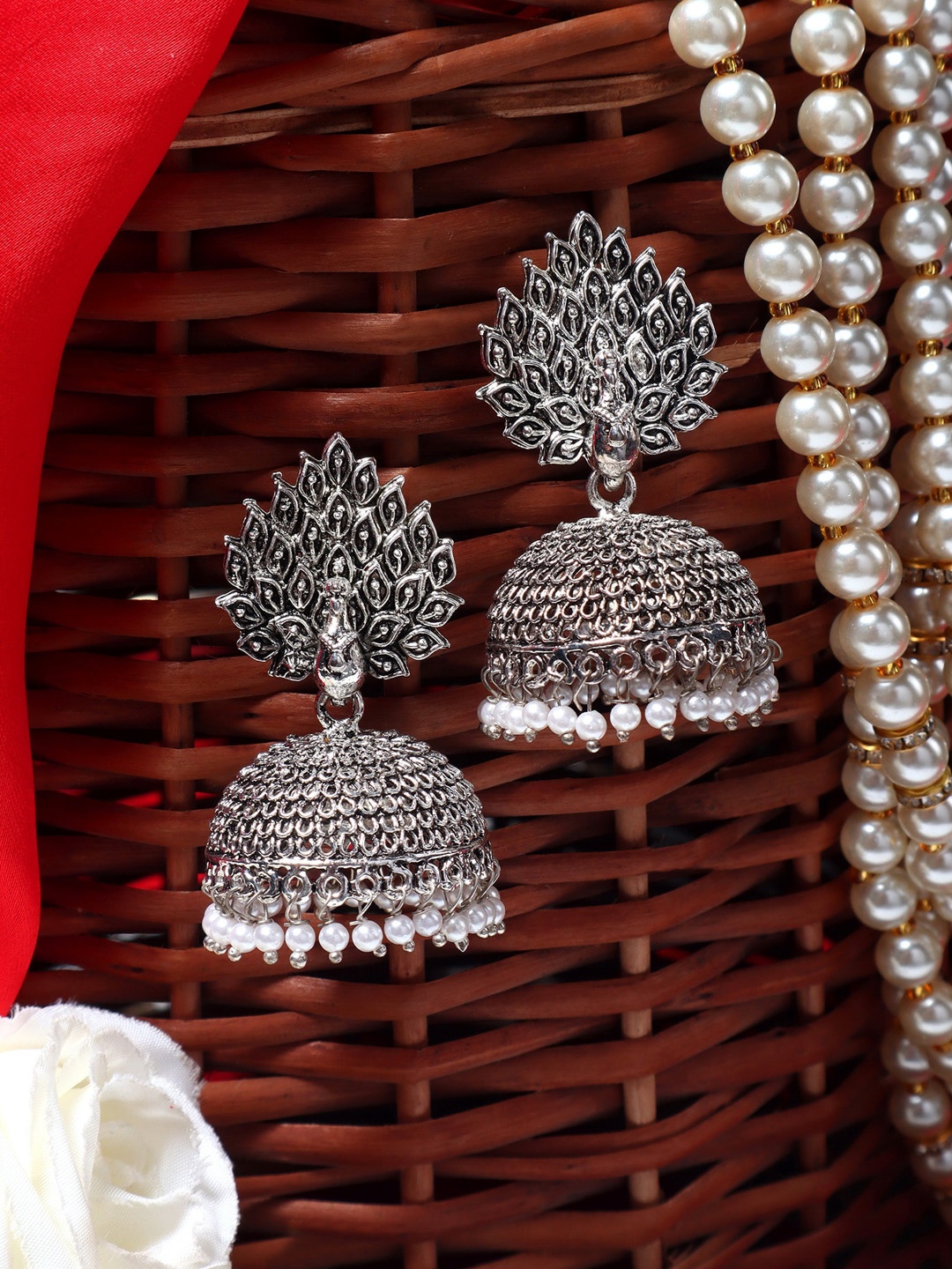 

AARSHVI Silver-Plated Oxidised Beaded Contemporary Jhumkas, Metallic