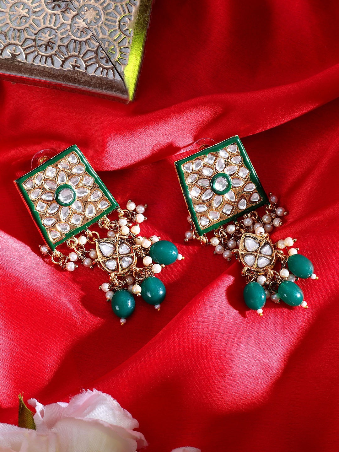 

AARSHVI Gold Plated Kundan Studded Meanakri Drop Earrings