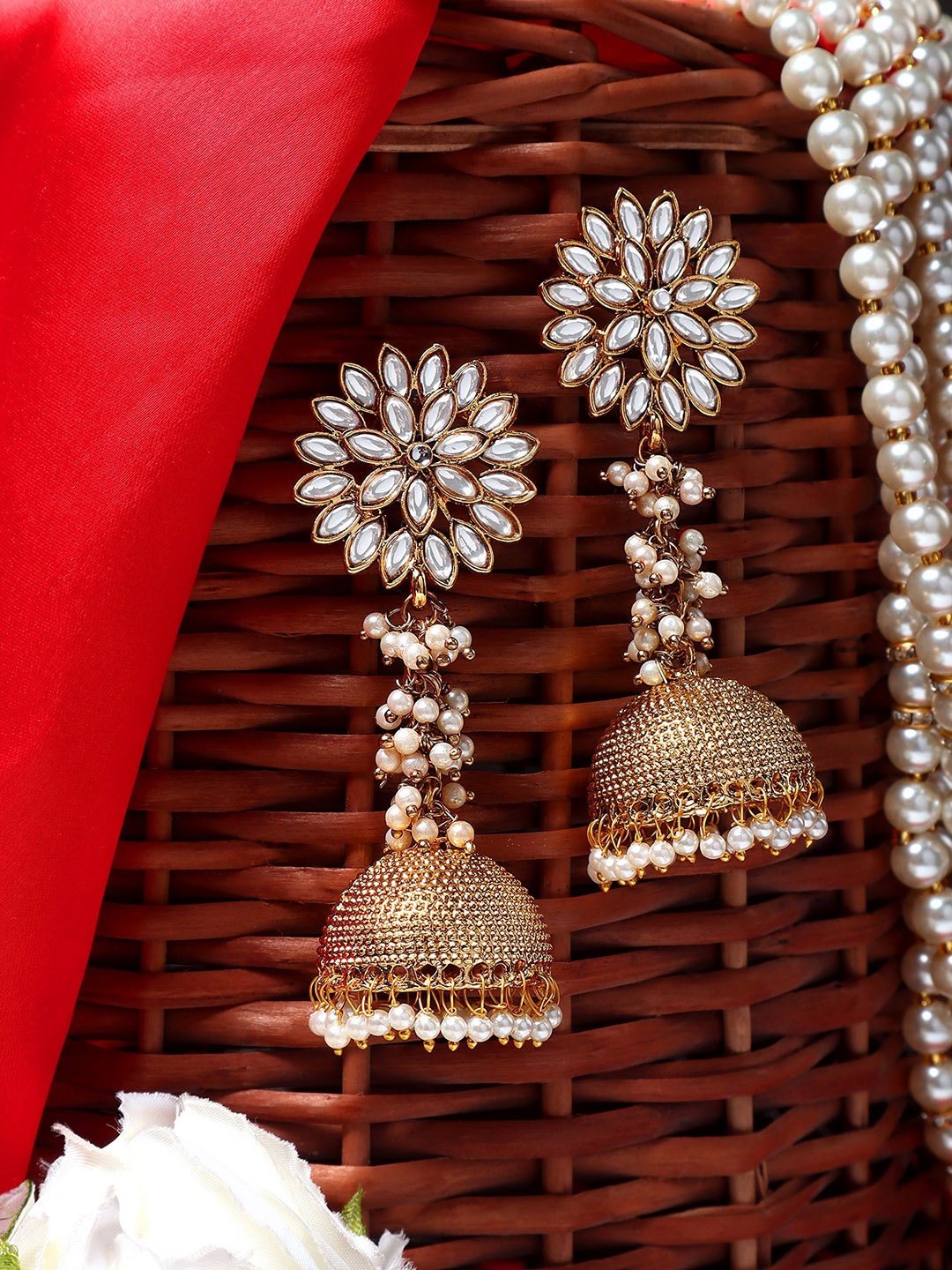 

AARSHVI Gold-Plated Kundan-Studded & Pearl Beaded Dome Shaped Jhumkas