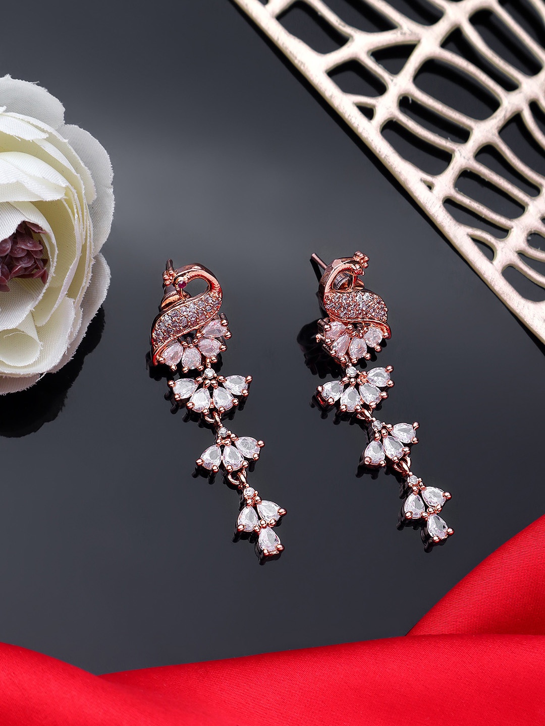 

AARSHVI Rose Gold-Plated CZ Peacock Shaped Drop Earrings