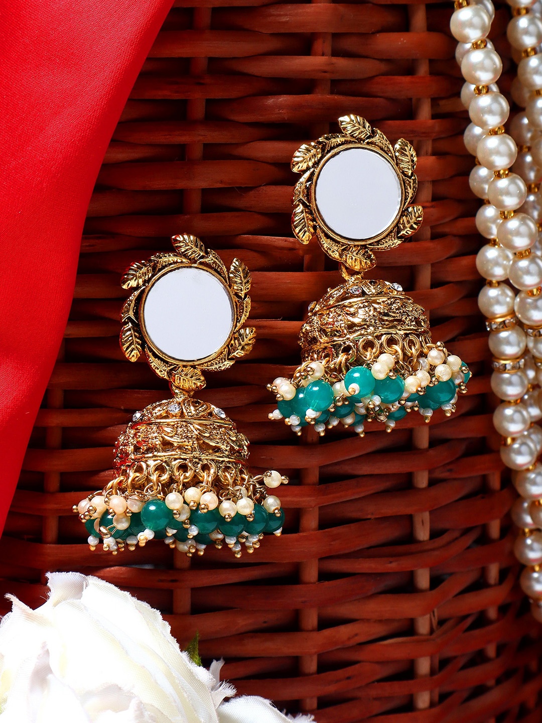 

AARSHVI Gold-Plated Zircon Mirror Detail Contemporary Jhumkas